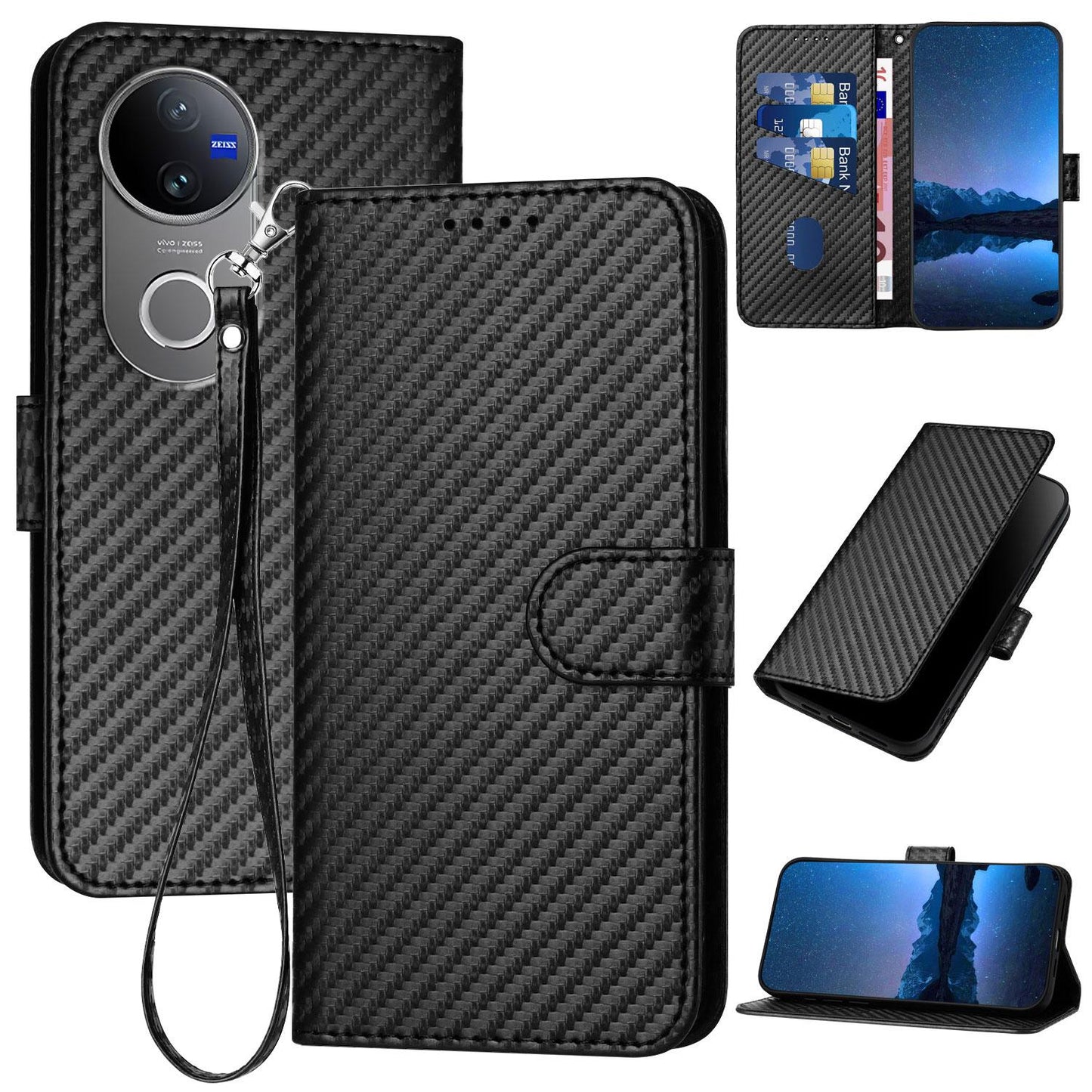 For vivo V50 YX0070 Carbon Fiber Buckle Leather Phone Case with Lanyard(Black)