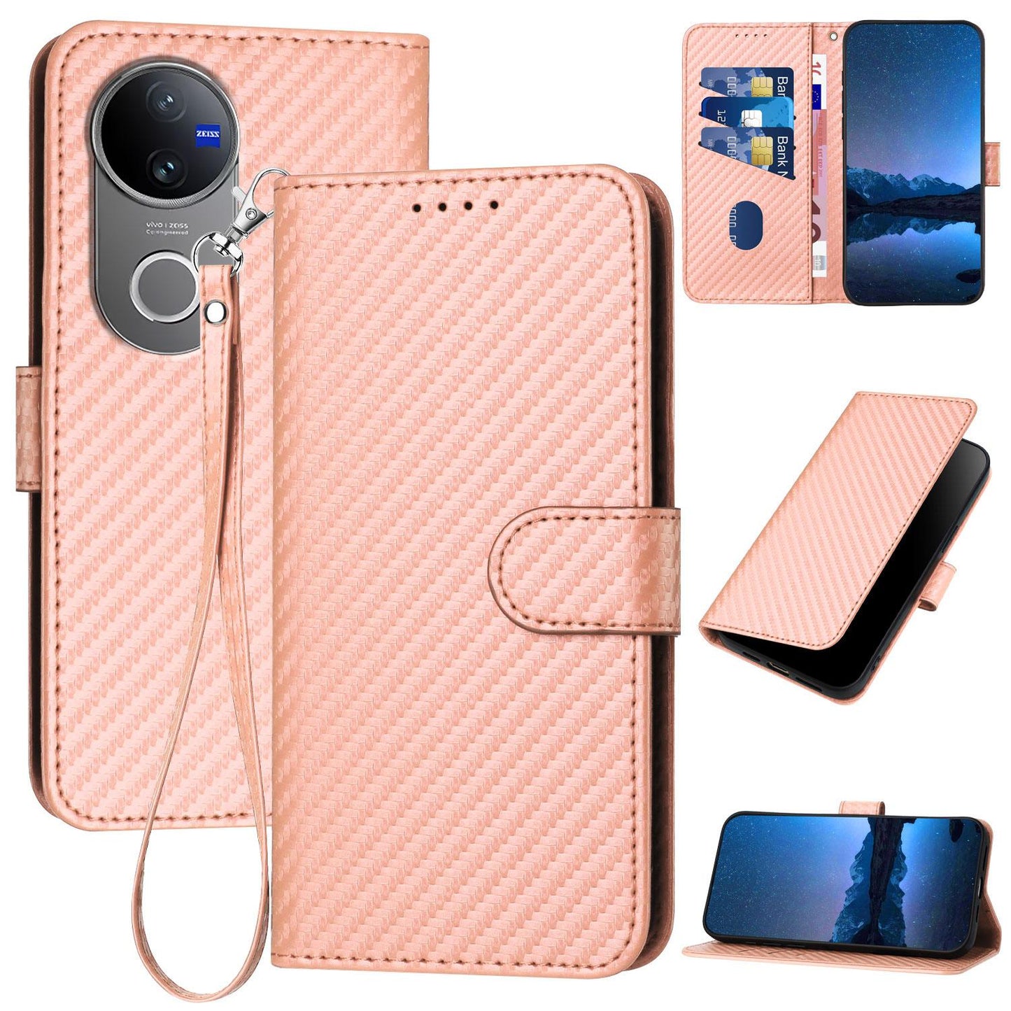 For vivo V50 YX0070 Carbon Fiber Buckle Leather Phone Case with Lanyard(Pink)