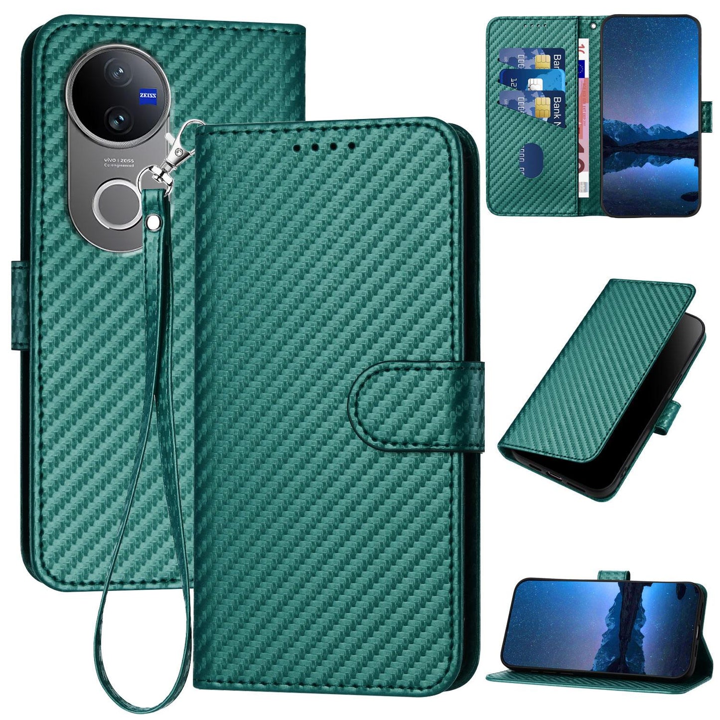 For vivo V50 YX0070 Carbon Fiber Buckle Leather Phone Case with Lanyard(Dark Green)