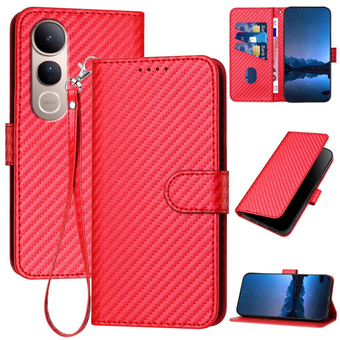 For vivo V50 Lite 4G / 5G YX0070 Carbon Fiber Buckle Leather Phone Case with Lanyard(Red)