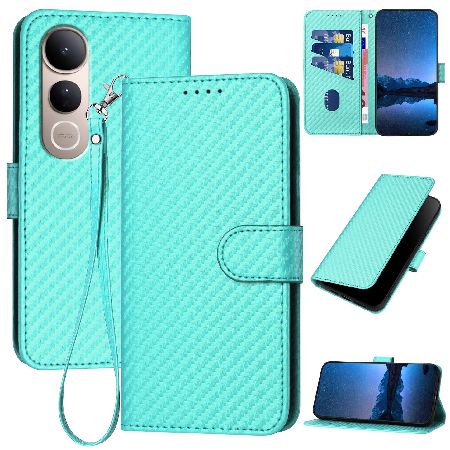 For vivo V50 Lite 4G / 5G YX0070 Carbon Fiber Buckle Leather Phone Case with Lanyard(Light Blue)