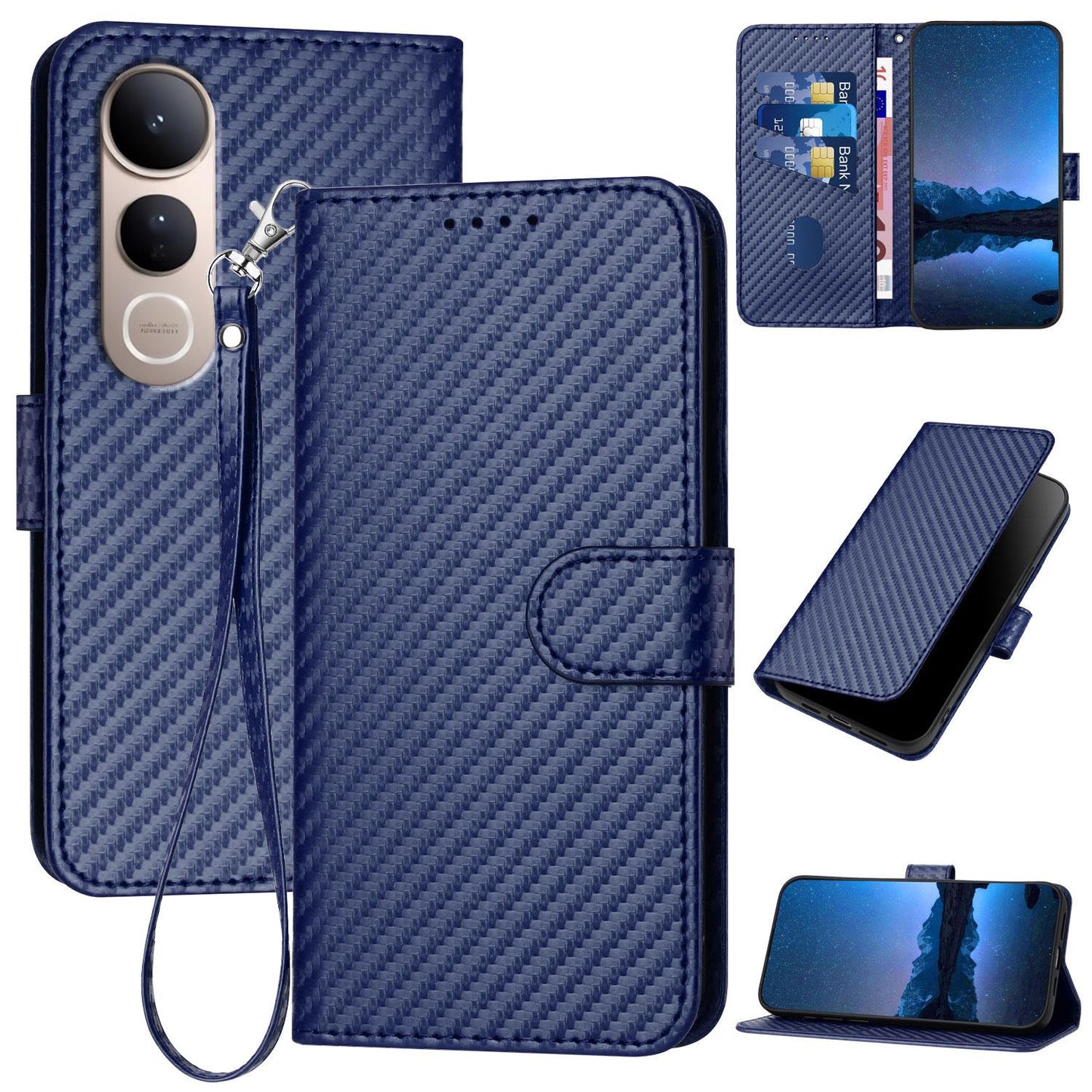 For vivo V50 Lite 4G / 5G YX0070 Carbon Fiber Buckle Leather Phone Case with Lanyard(Royal Blue)