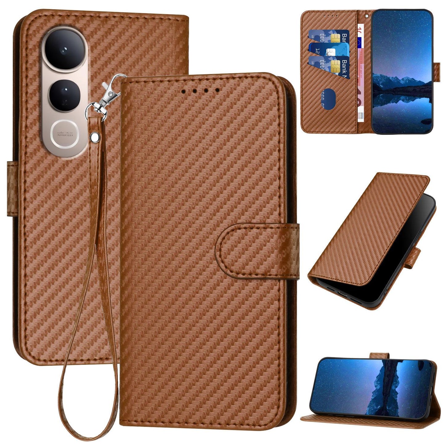 For vivo V50 Lite 4G / 5G YX0070 Carbon Fiber Buckle Leather Phone Case with Lanyard(Coffee)