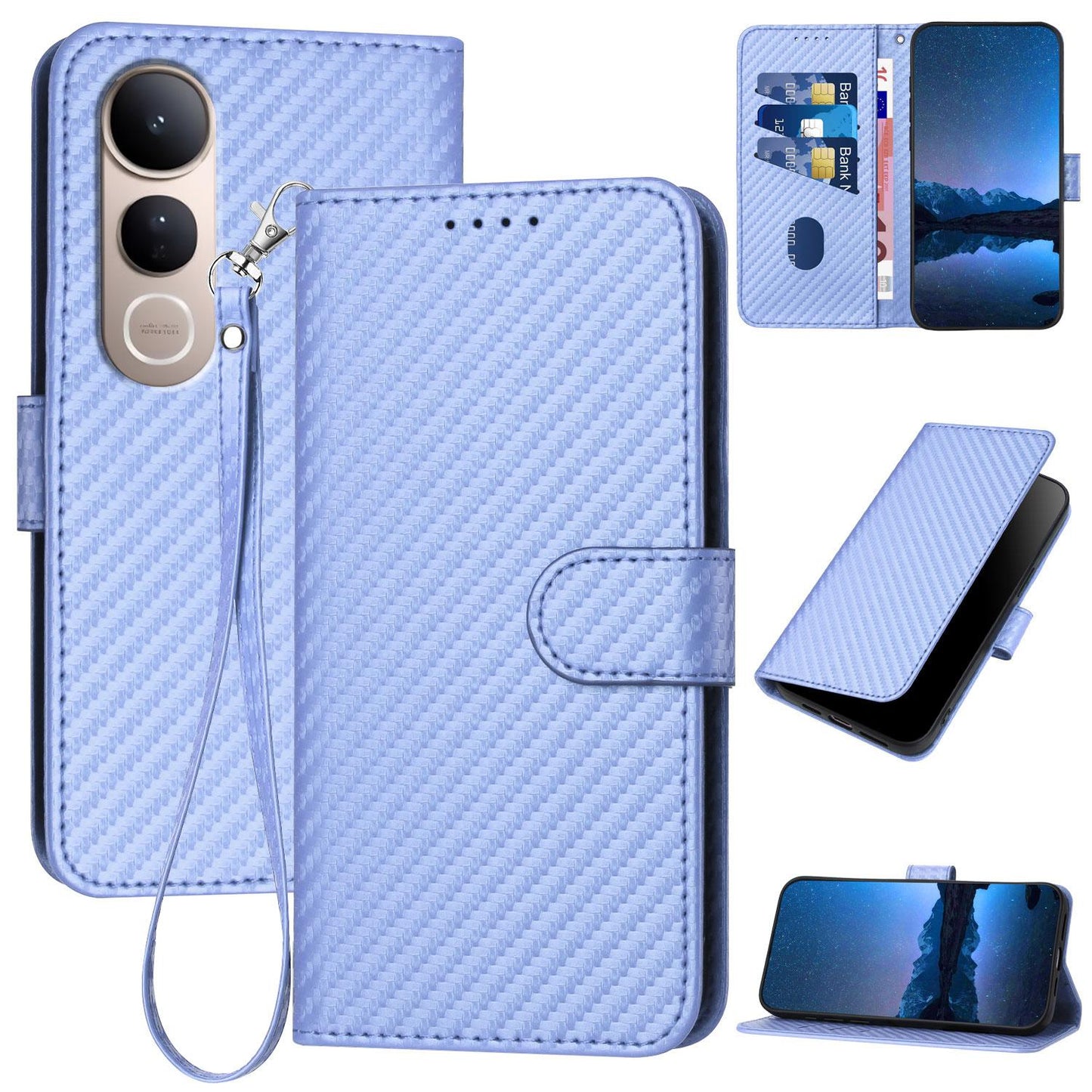 For vivo V50 Lite 4G / 5G YX0070 Carbon Fiber Buckle Leather Phone Case with Lanyard(Light Purple)
