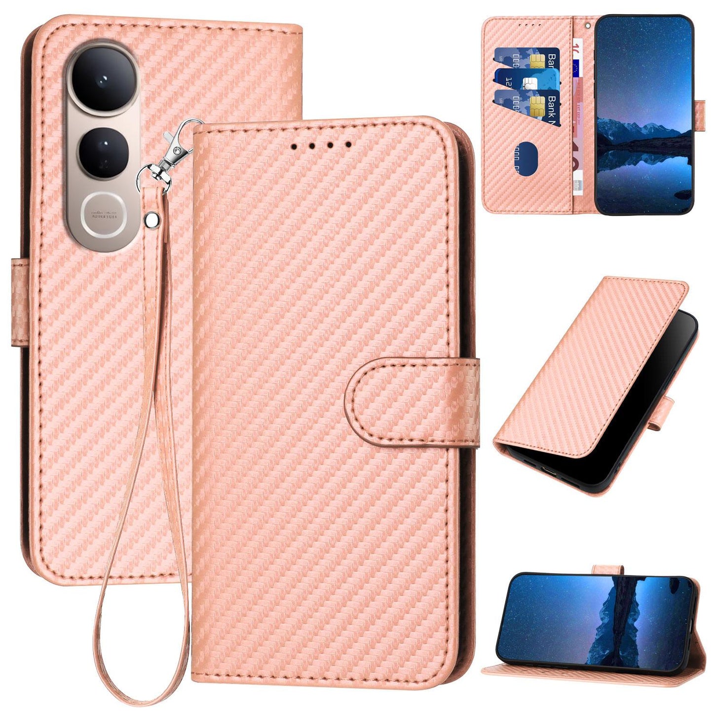 For vivo V50 Lite 4G / 5G YX0070 Carbon Fiber Buckle Leather Phone Case with Lanyard(Pink)