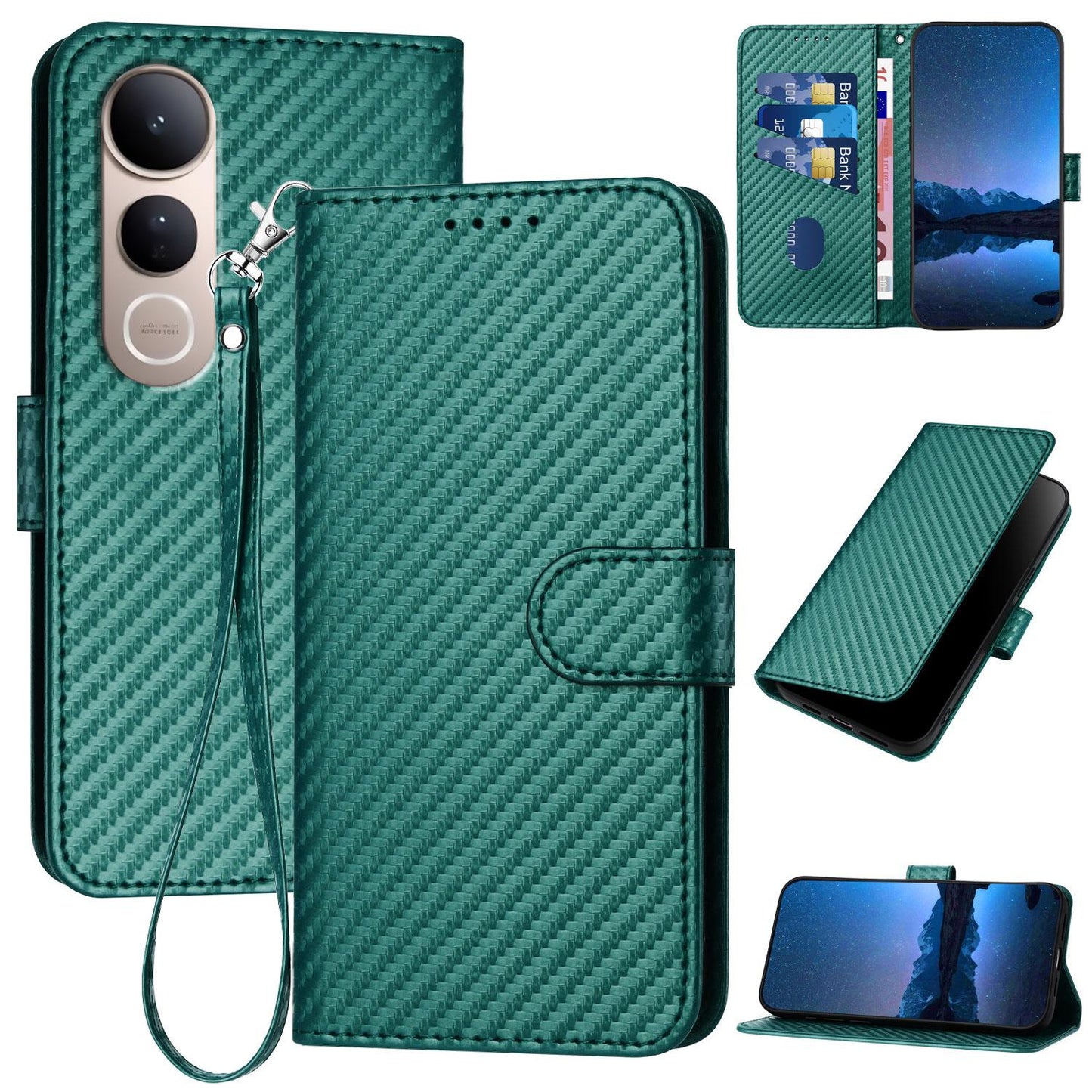 For vivo V50 Lite 4G / 5G YX0070 Carbon Fiber Buckle Leather Phone Case with Lanyard(Dark Green)