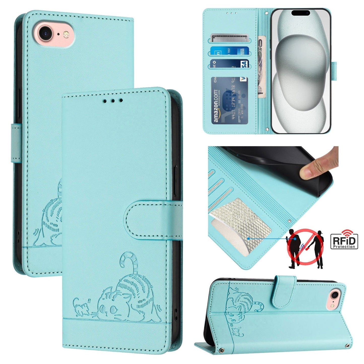 For iPhone 16e Cat Rat Embossed Pattern RFID Leather Phone Case with Lanyard(Mint Green)