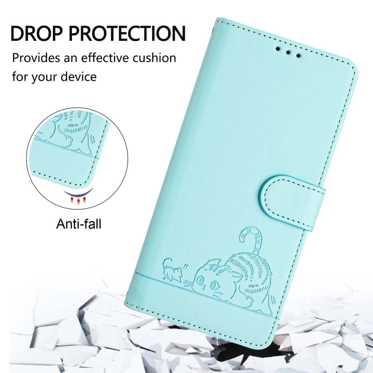 For iPhone 16e Cat Rat Embossed Pattern RFID Leather Phone Case with Lanyard(Mint Green)