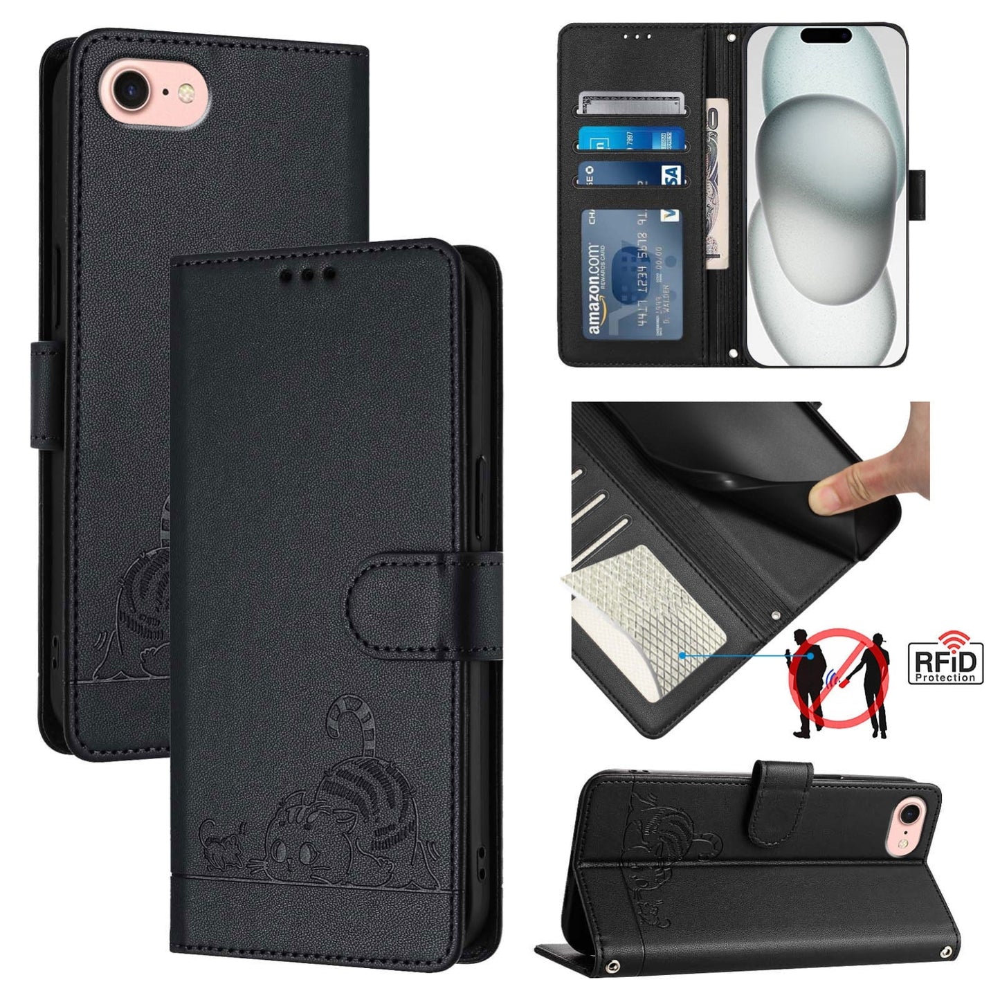 For iPhone 16e Cat Rat Embossed Pattern RFID Leather Phone Case with Lanyard(Black)