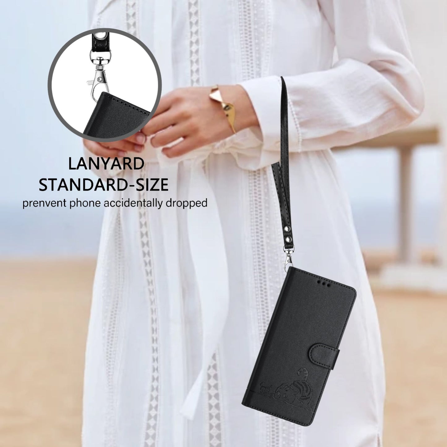 For iPhone 16e Cat Rat Embossed Pattern RFID Leather Phone Case with Lanyard(Black)