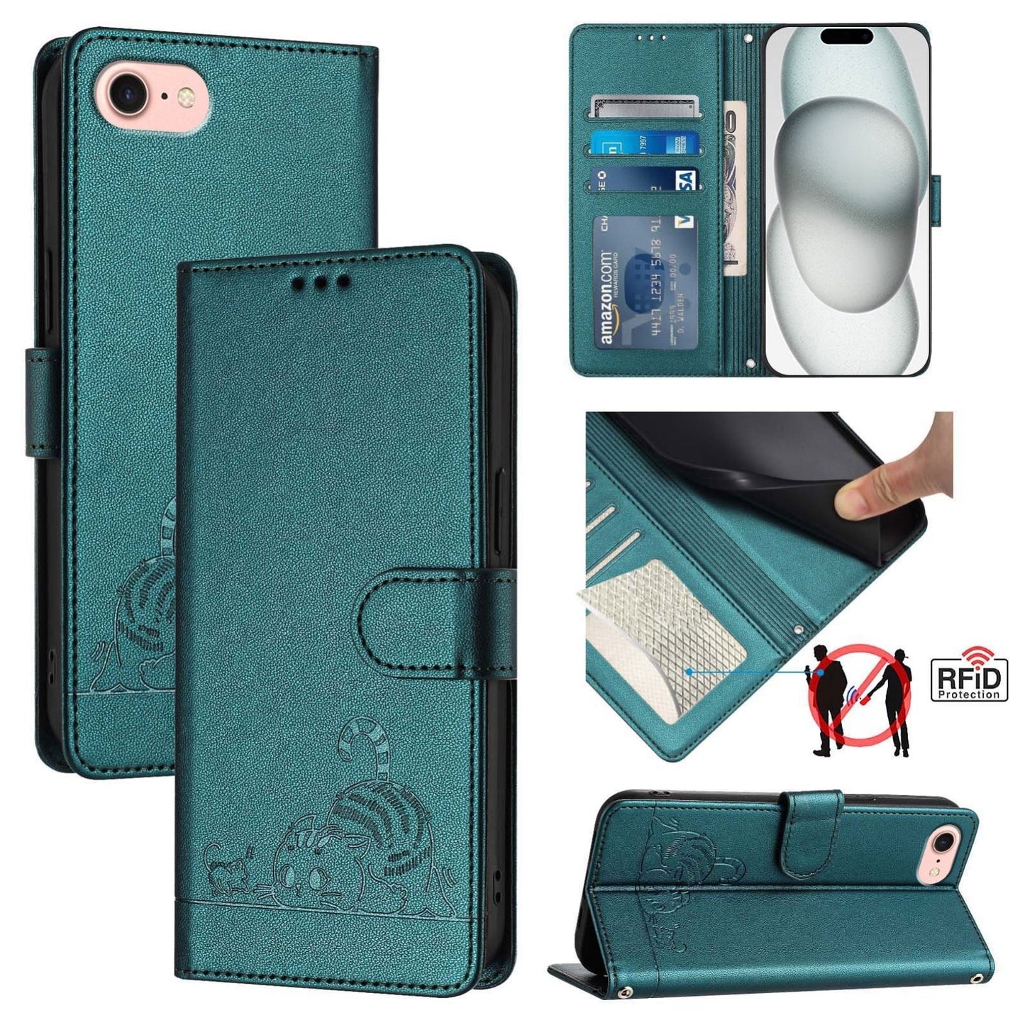 For iPhone 16e Cat Rat Embossed Pattern RFID Leather Phone Case with Lanyard(Peacock Green)