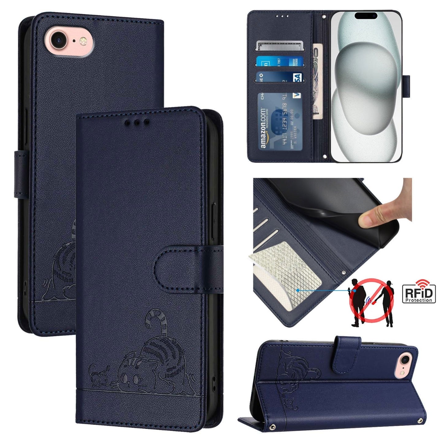 For iPhone 16e Cat Rat Embossed Pattern RFID Leather Phone Case with Lanyard(Blue)