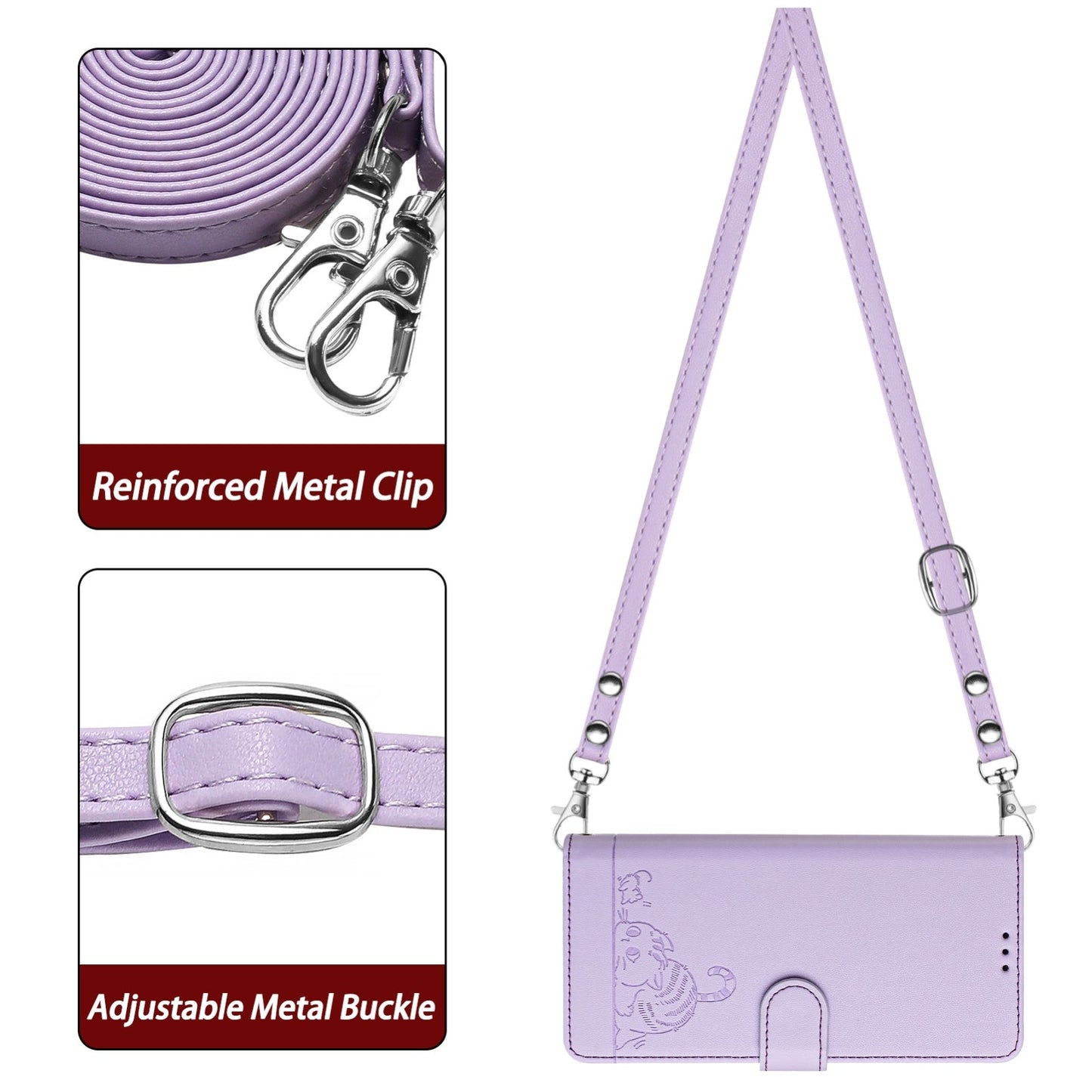 For iPhone 16e Cat Rat Embossed Pattern RFID Leather Phone Case with Lanyard(Purple)