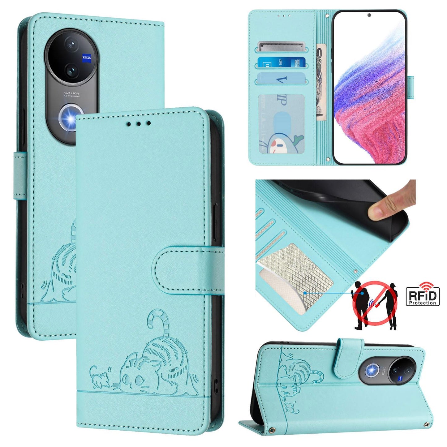 For vivo V50 5G Global Cat Rat Embossed Pattern RFID Leather Phone Case with Lanyard(Mint Green)