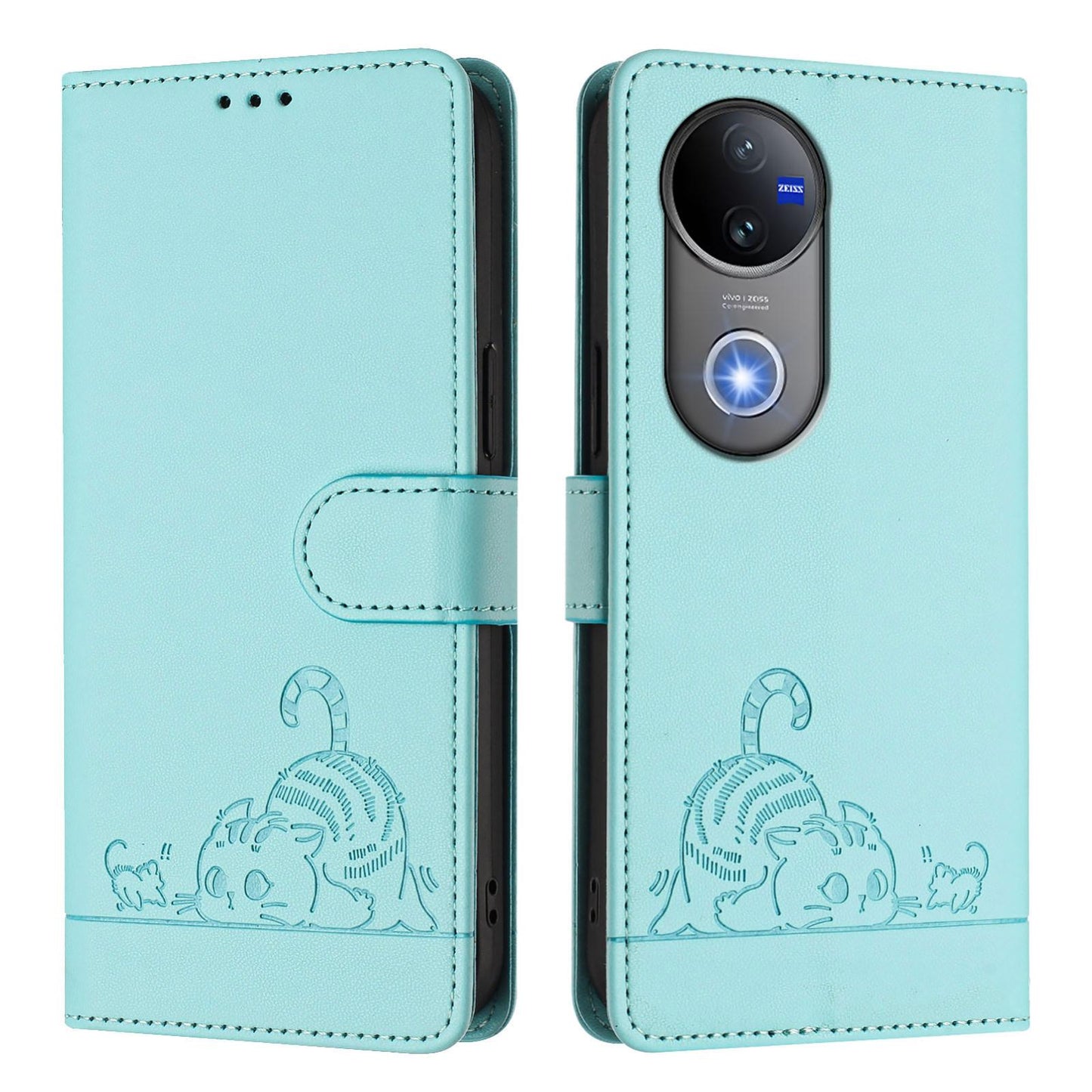 For vivo V50 5G Global Cat Rat Embossed Pattern RFID Leather Phone Case with Lanyard(Mint Green)