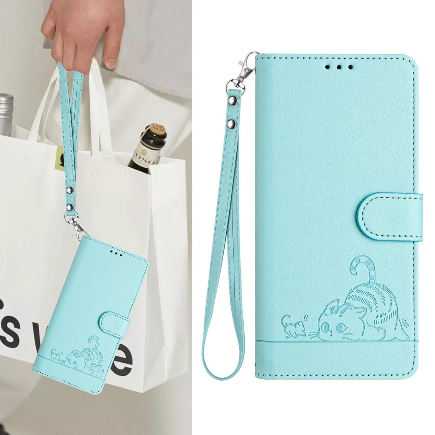 For vivo V50 5G Global Cat Rat Embossed Pattern RFID Leather Phone Case with Lanyard(Mint Green)