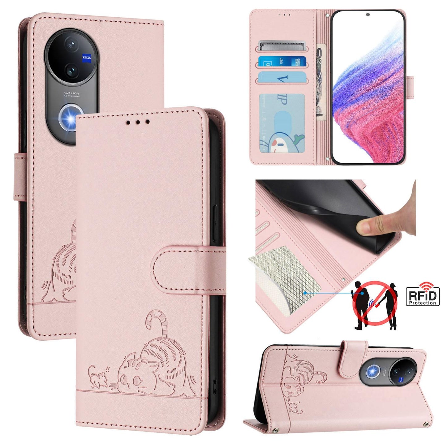 For vivo V50 5G Global Cat Rat Embossed Pattern RFID Leather Phone Case with Lanyard(Pink)