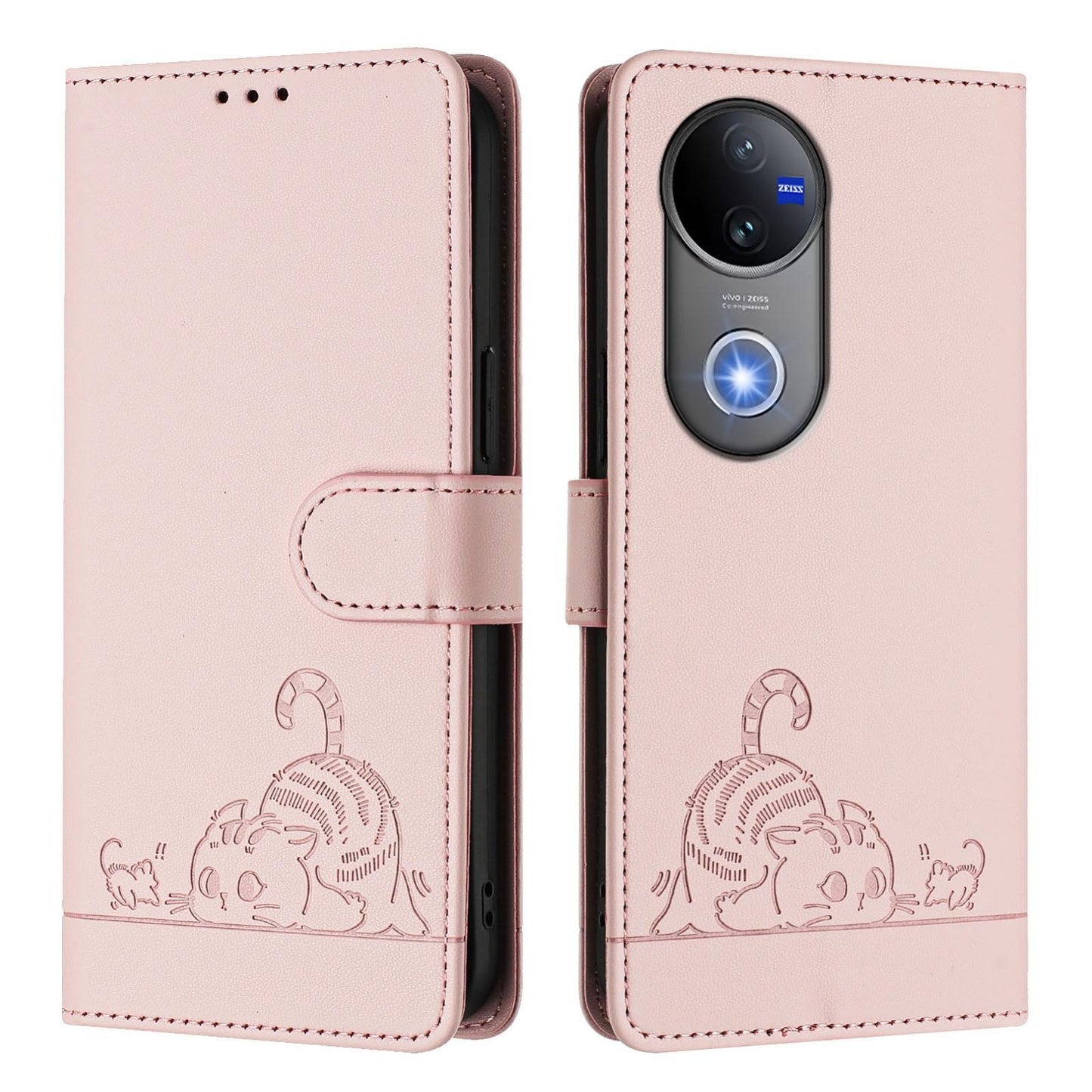 For vivo V50 5G Global Cat Rat Embossed Pattern RFID Leather Phone Case with Lanyard(Pink)