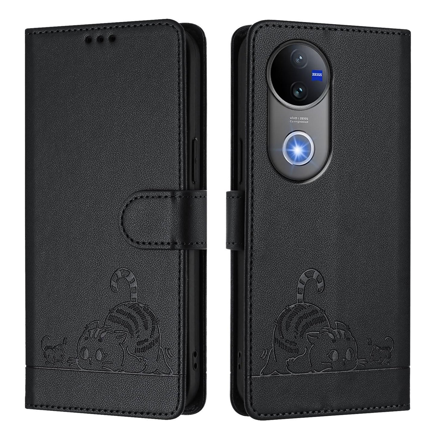 For vivo V50 5G Global Cat Rat Embossed Pattern RFID Leather Phone Case with Lanyard(Black)
