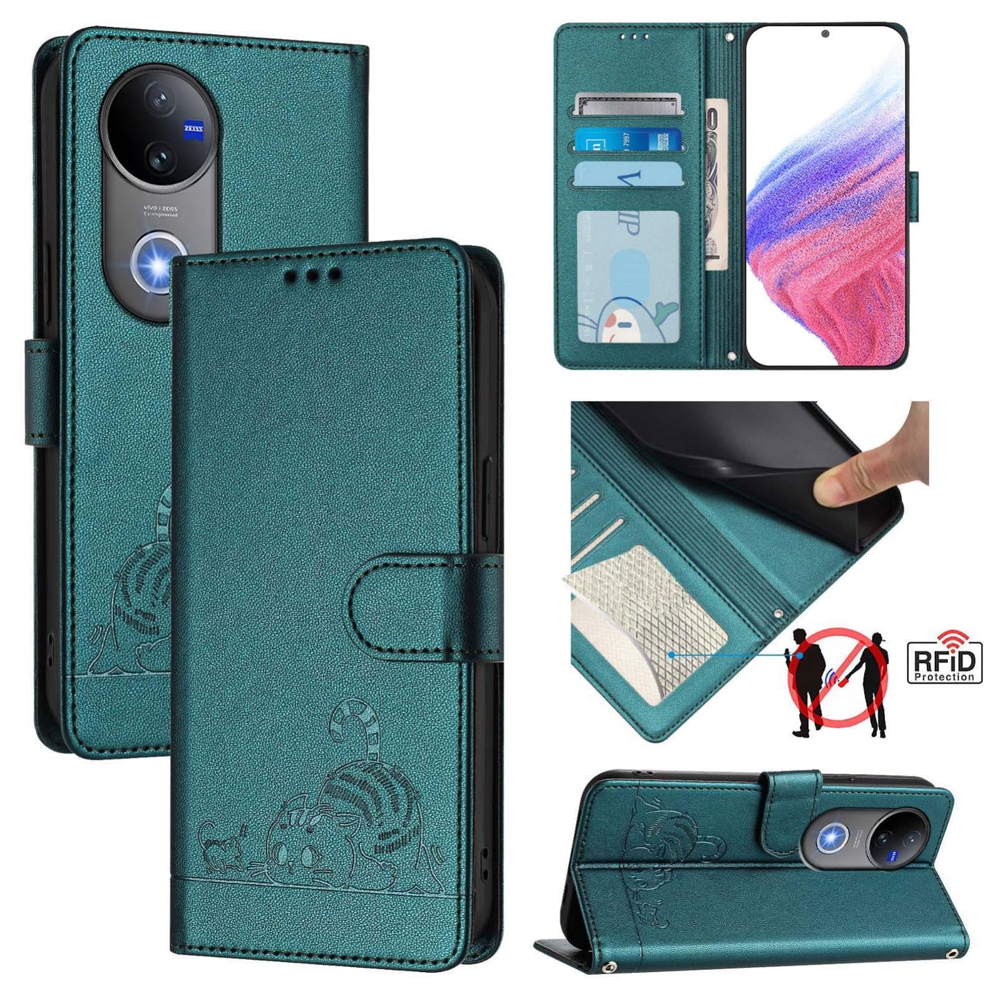For vivo V50 5G Global Cat Rat Embossed Pattern RFID Leather Phone Case with Lanyard(Peacock Green)