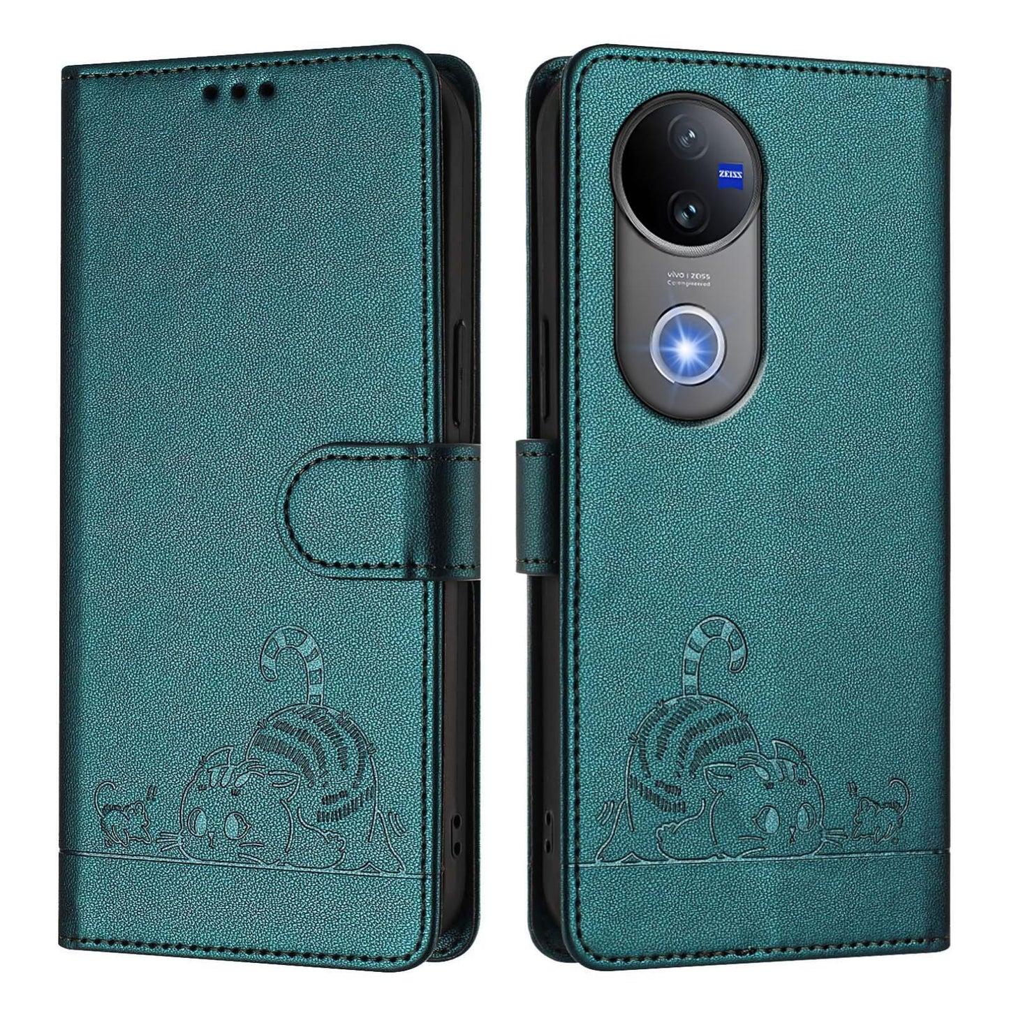 For vivo V50 5G Global Cat Rat Embossed Pattern RFID Leather Phone Case with Lanyard(Peacock Green)