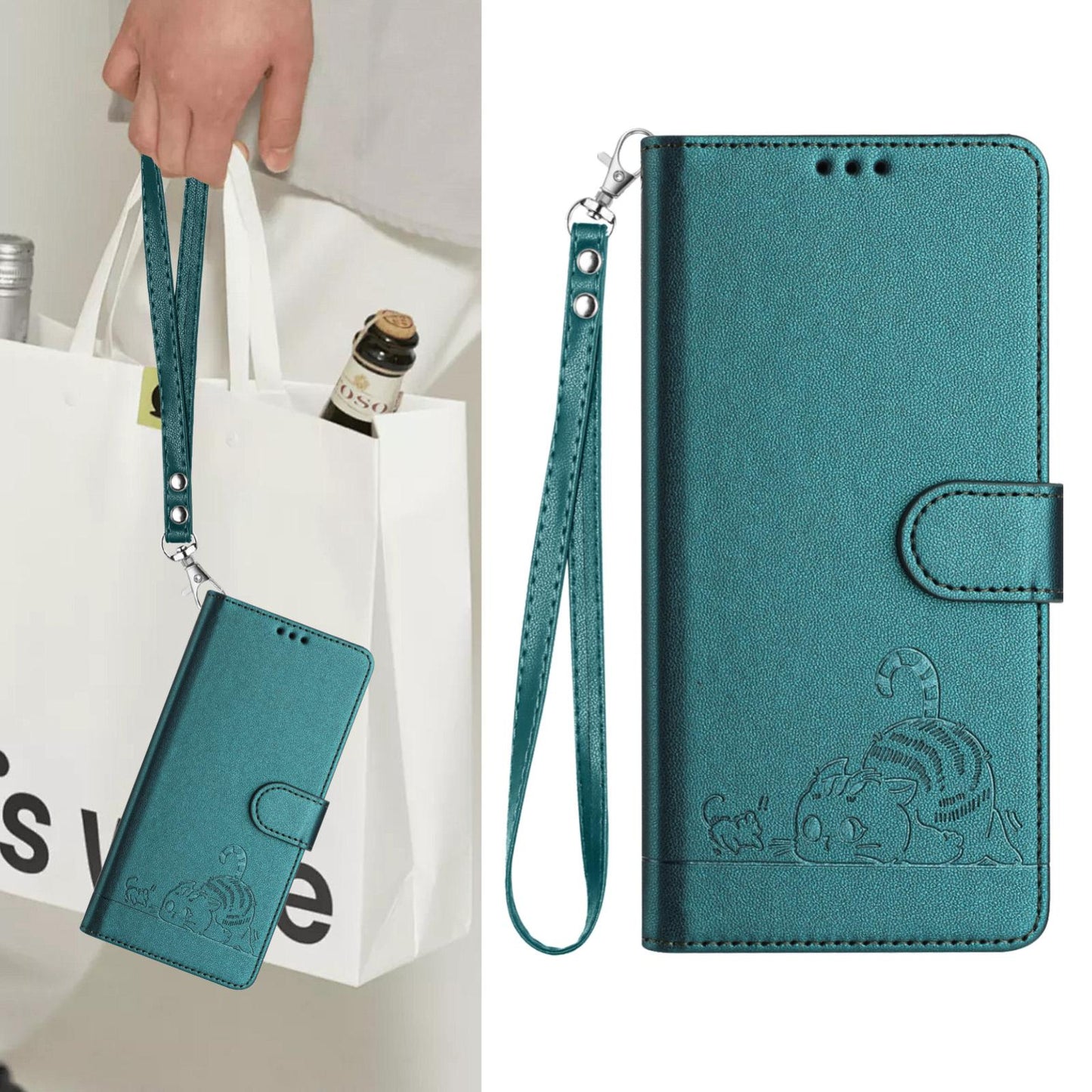 For vivo V50 5G Global Cat Rat Embossed Pattern RFID Leather Phone Case with Lanyard(Peacock Green)