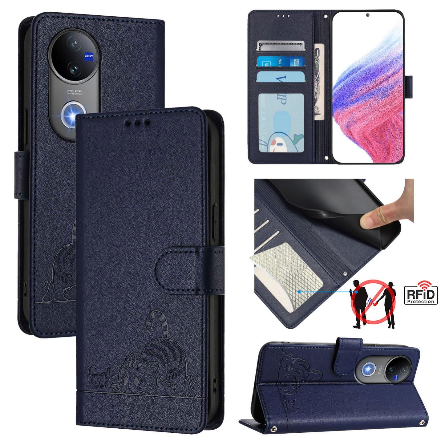 For vivo V50 5G Global Cat Rat Embossed Pattern RFID Leather Phone Case with Lanyard(Blue)