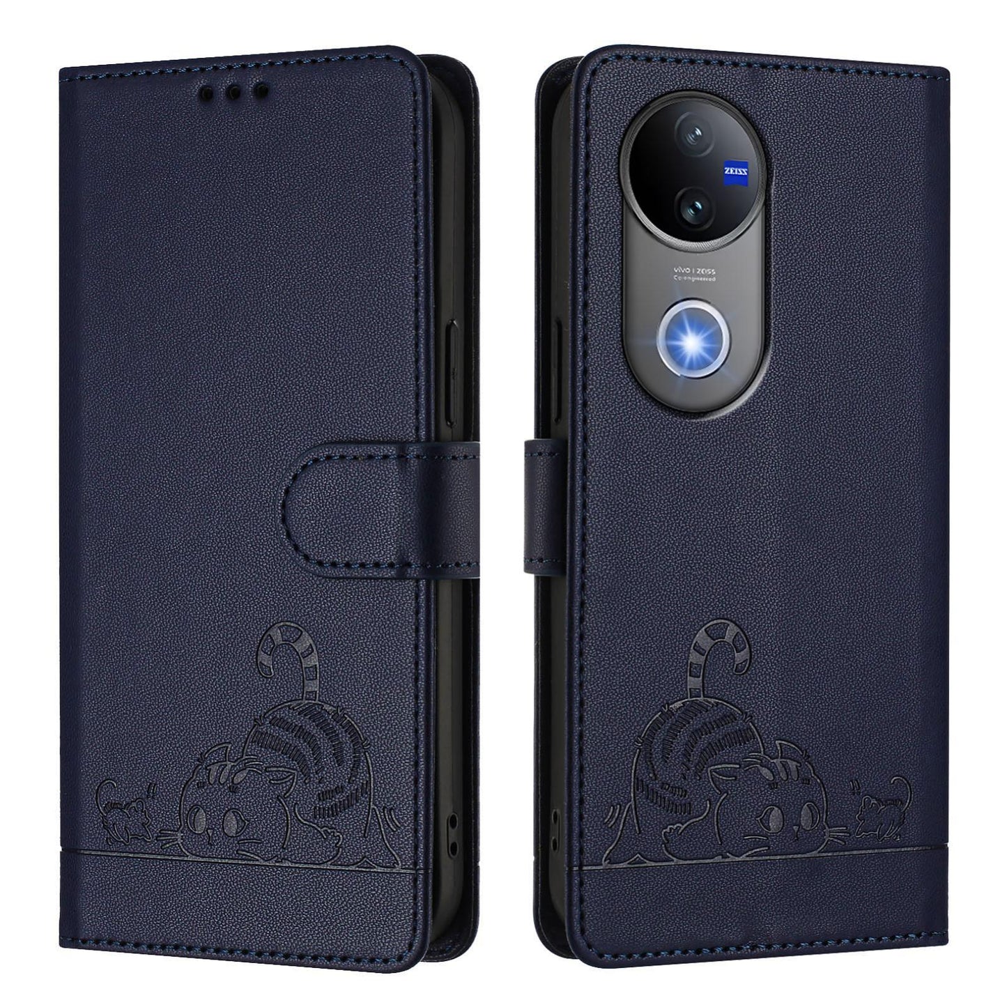 For vivo V50 5G Global Cat Rat Embossed Pattern RFID Leather Phone Case with Lanyard(Blue)