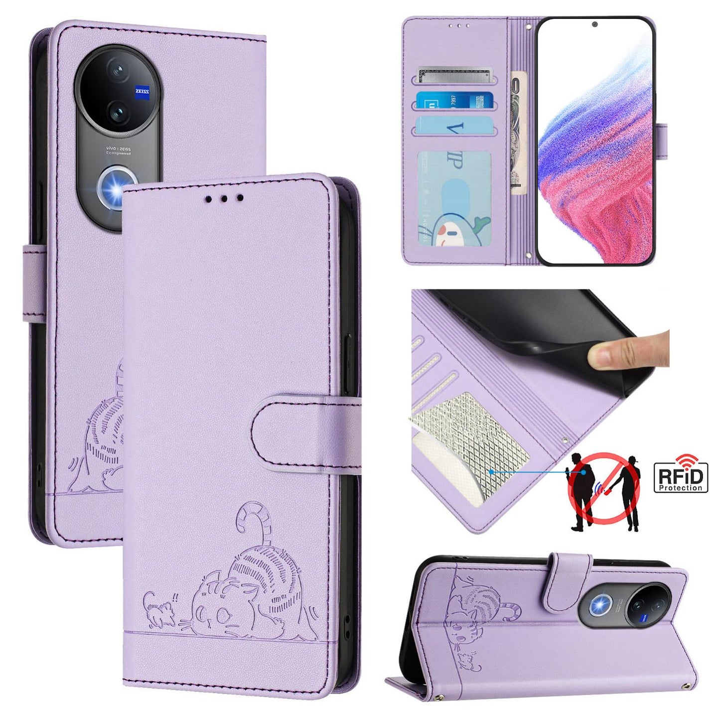 For vivo V50 5G Global Cat Rat Embossed Pattern RFID Leather Phone Case with Lanyard(Purple)