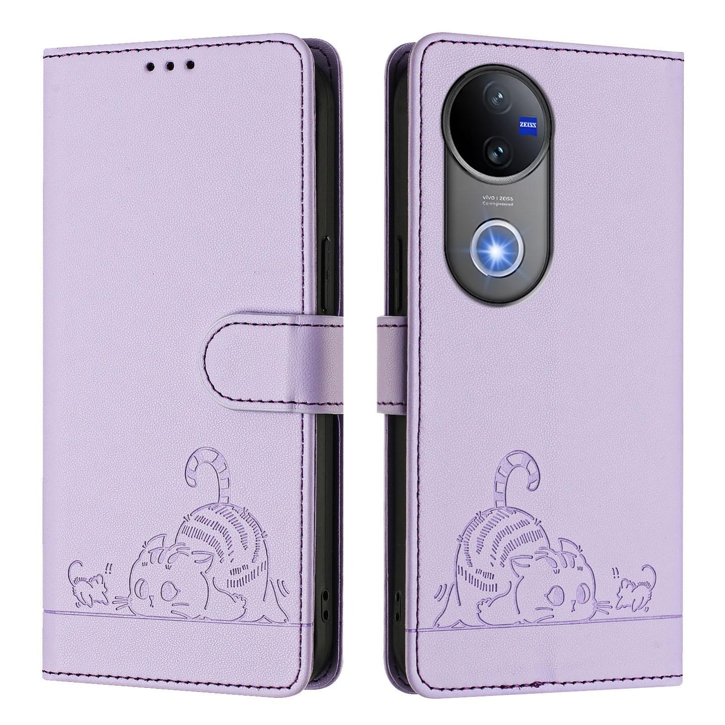 For vivo V50 5G Global Cat Rat Embossed Pattern RFID Leather Phone Case with Lanyard(Purple)
