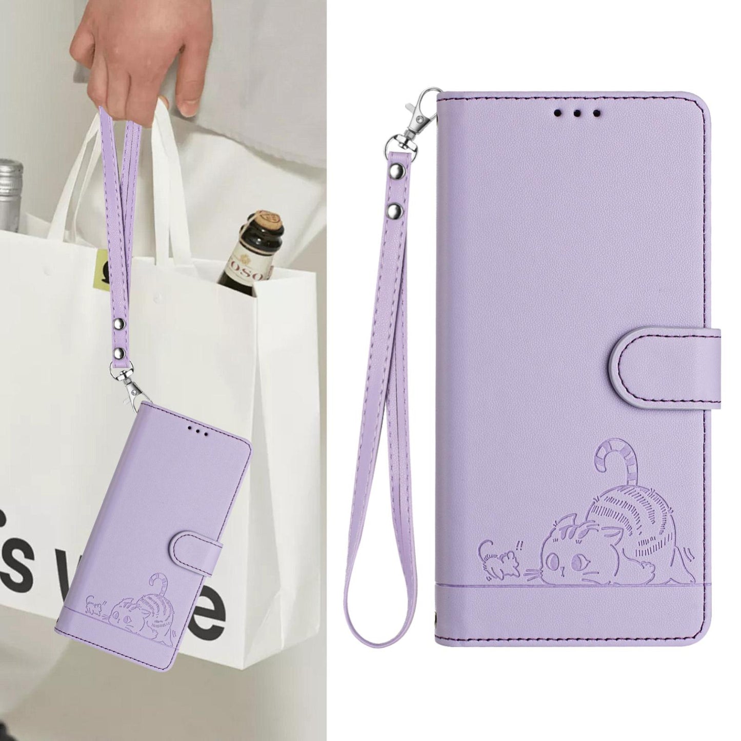 For vivo V50 5G Global Cat Rat Embossed Pattern RFID Leather Phone Case with Lanyard(Purple)