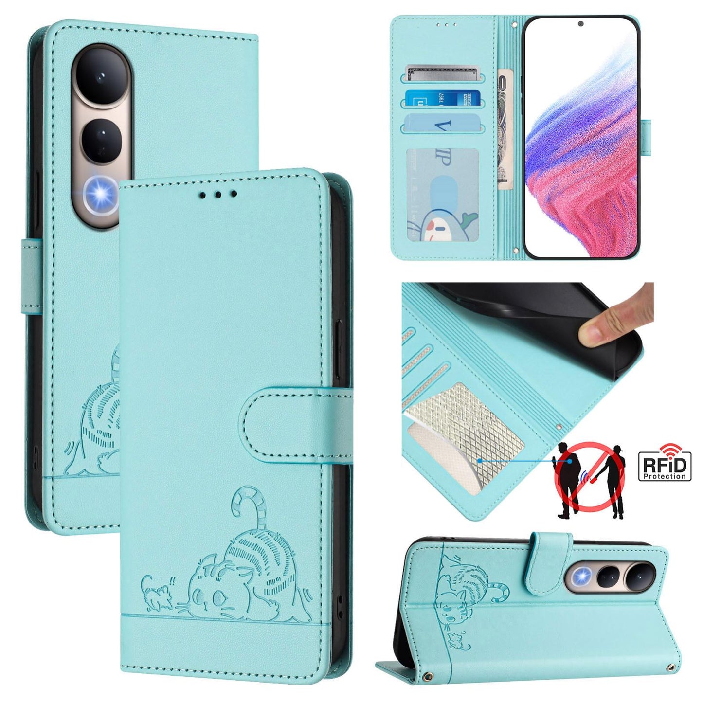 For vivo V50 Lite 5G Cat Rat Embossed Pattern RFID Leather Phone Case with Lanyard(Mint Green)