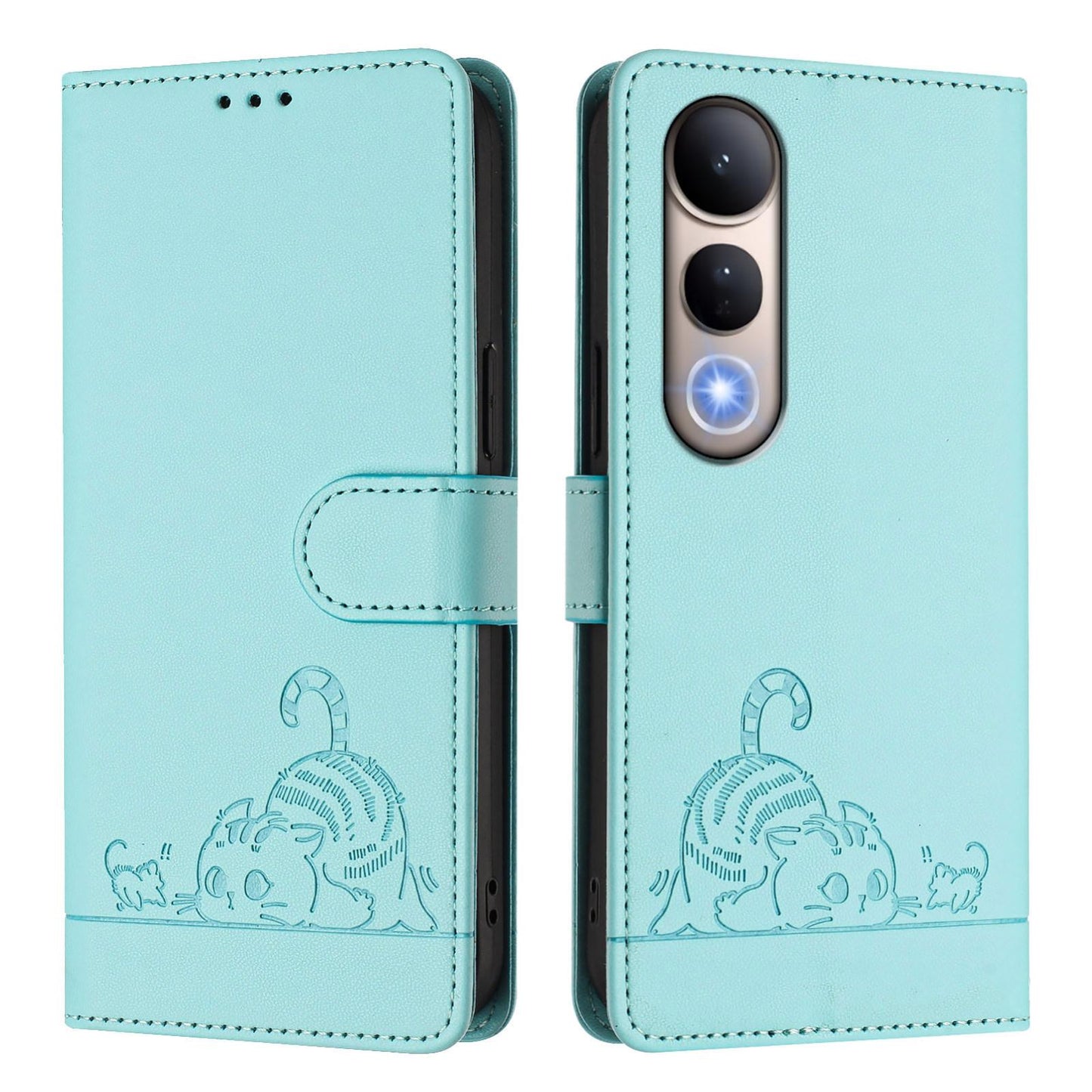For vivo V50 Lite 5G Cat Rat Embossed Pattern RFID Leather Phone Case with Lanyard(Mint Green)
