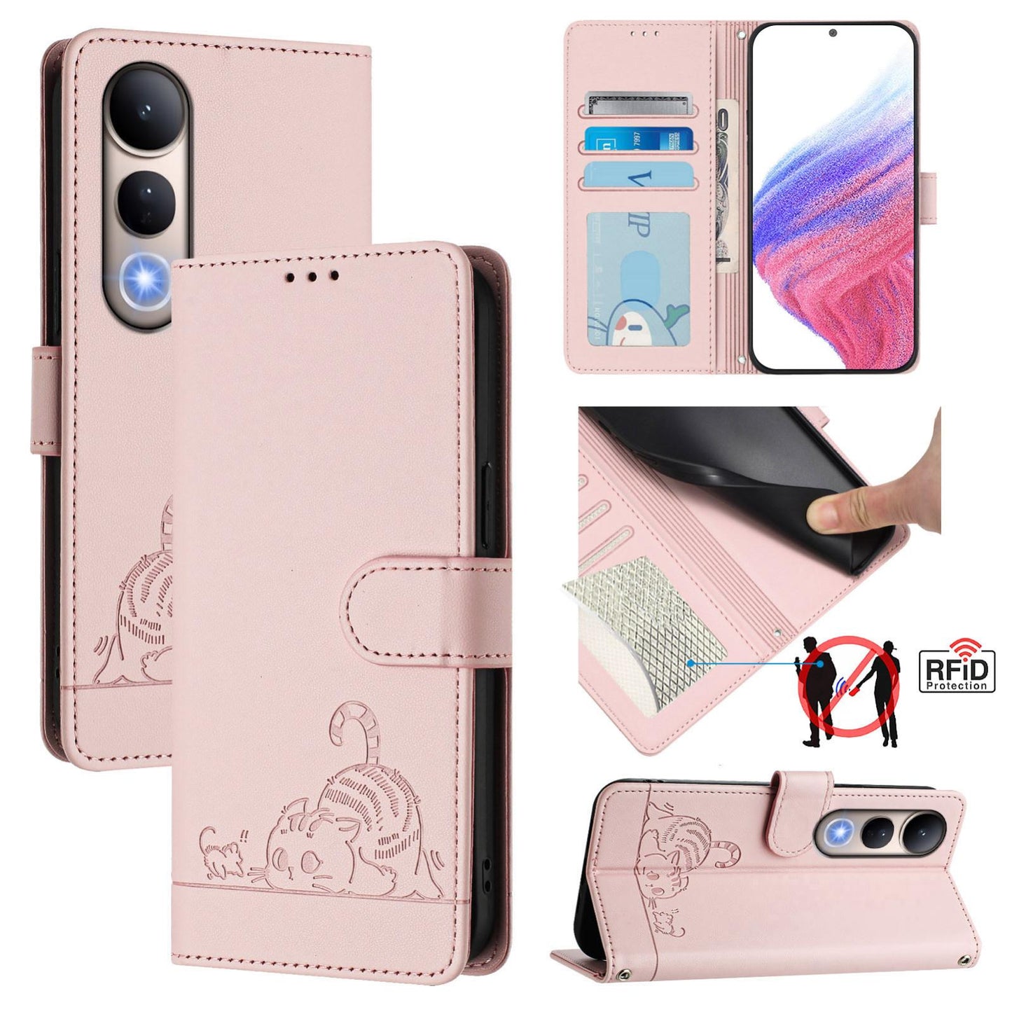 For vivo V50 Lite 5G Cat Rat Embossed Pattern RFID Leather Phone Case with Lanyard(Pink)