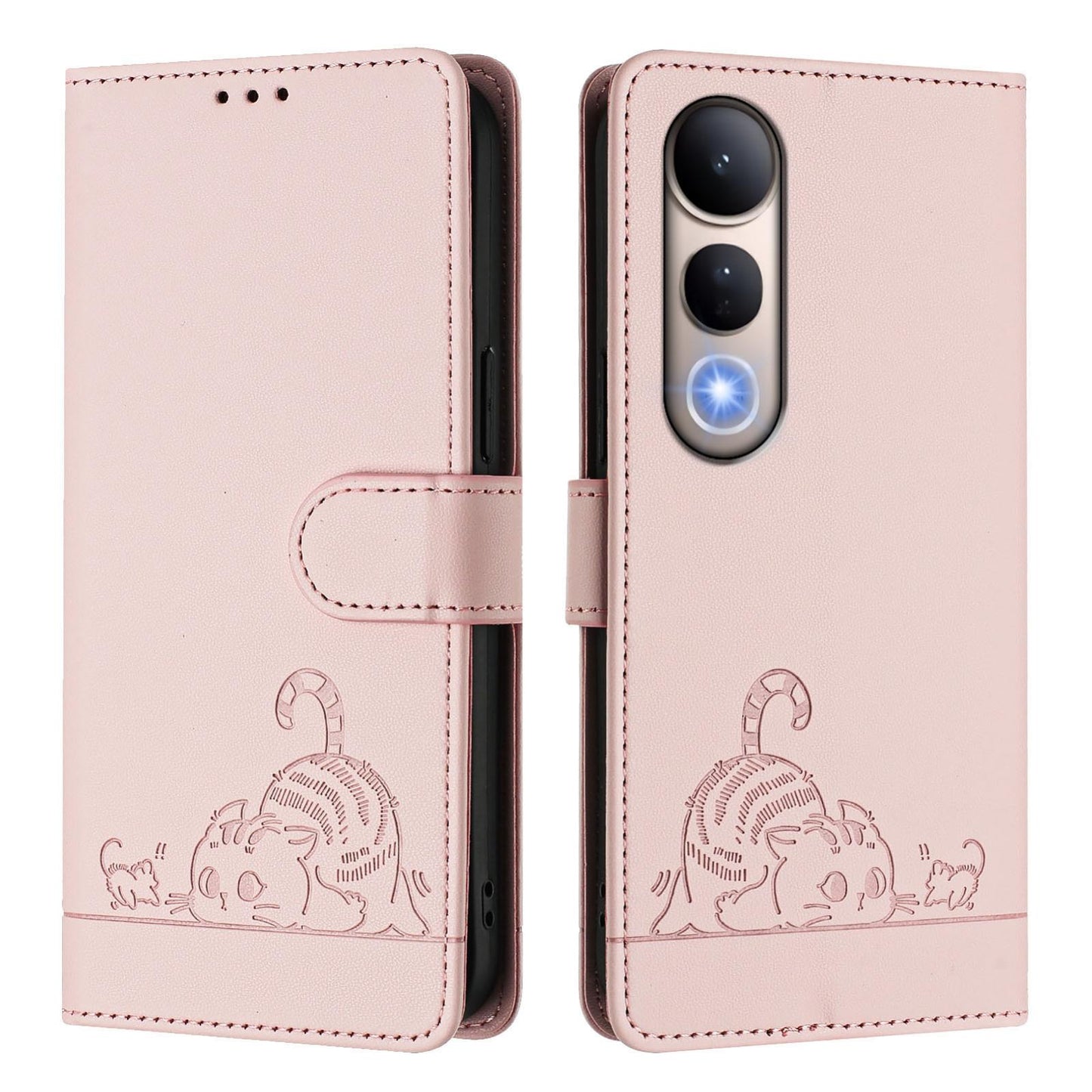 For vivo V50 Lite 5G Cat Rat Embossed Pattern RFID Leather Phone Case with Lanyard(Pink)