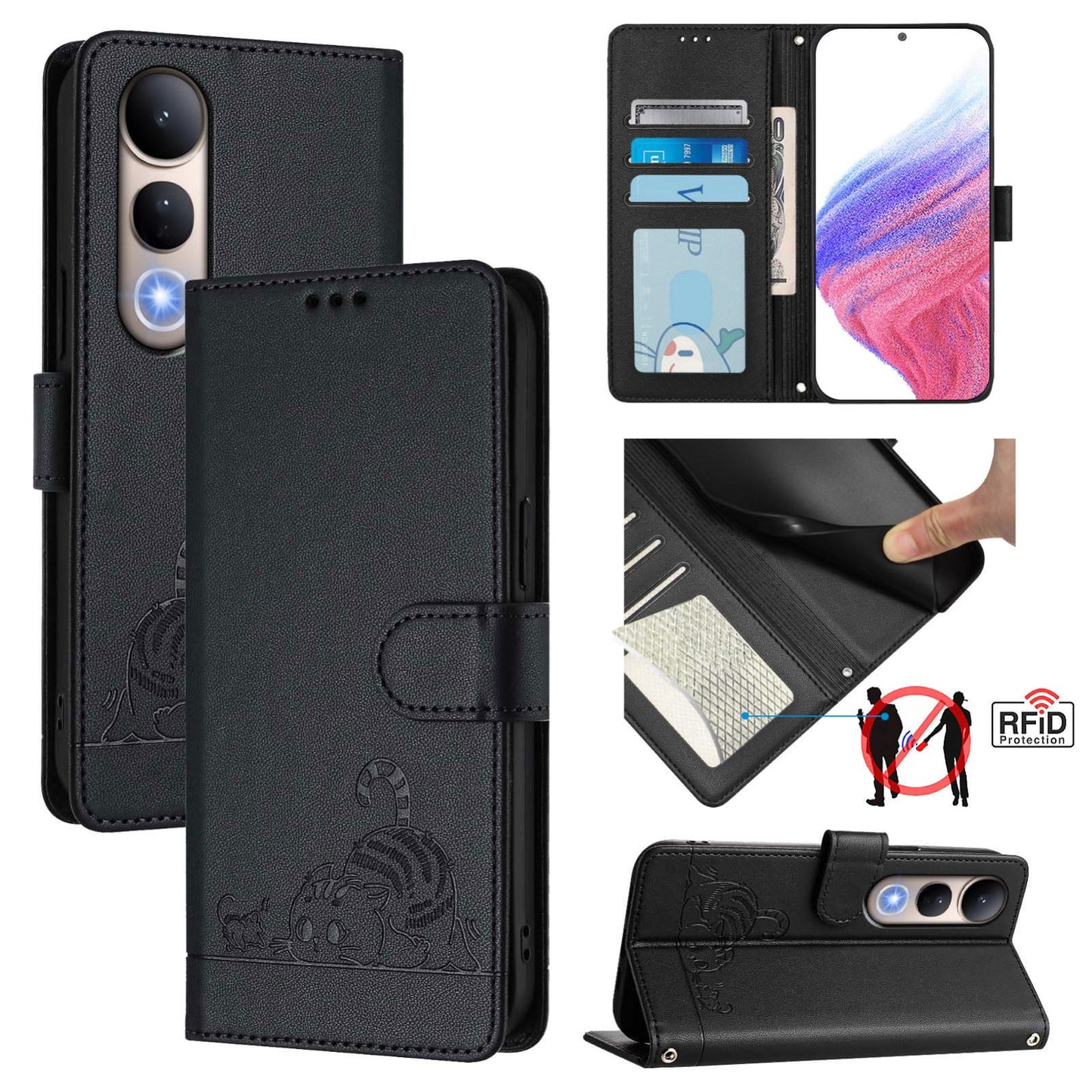For vivo V50 Lite 5G Cat Rat Embossed Pattern RFID Leather Phone Case with Lanyard(Black)
