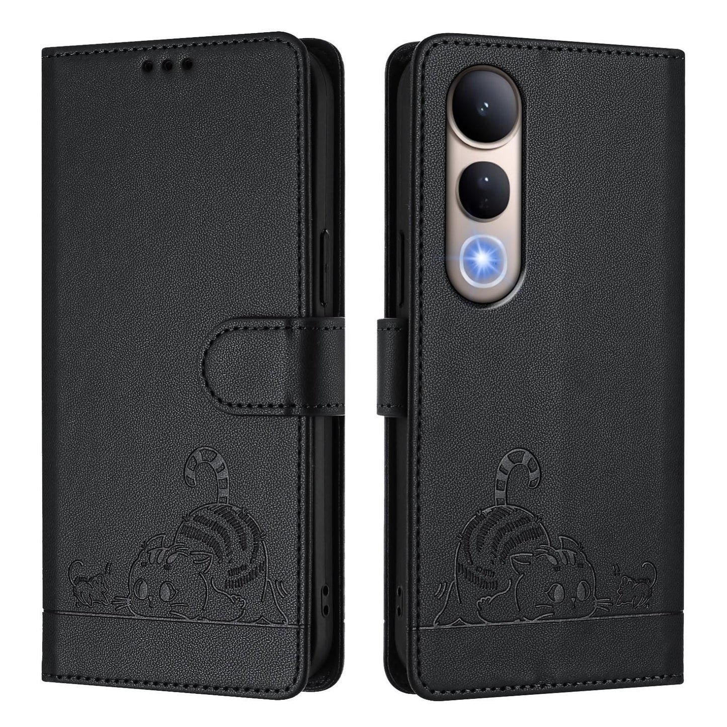For vivo V50 Lite 5G Cat Rat Embossed Pattern RFID Leather Phone Case with Lanyard(Black)