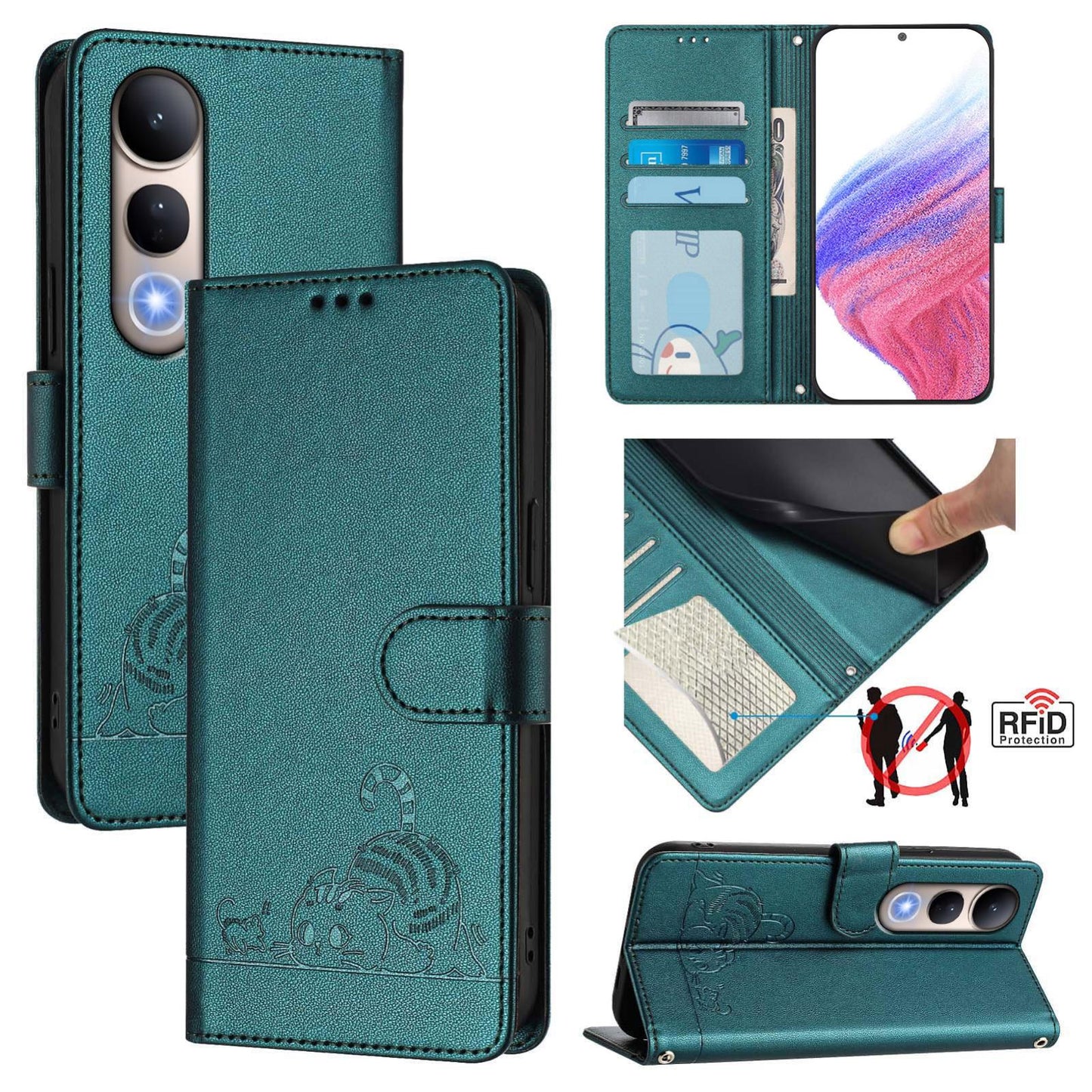 For vivo V50 Lite 5G Cat Rat Embossed Pattern RFID Leather Phone Case with Lanyard(Peacock Green)