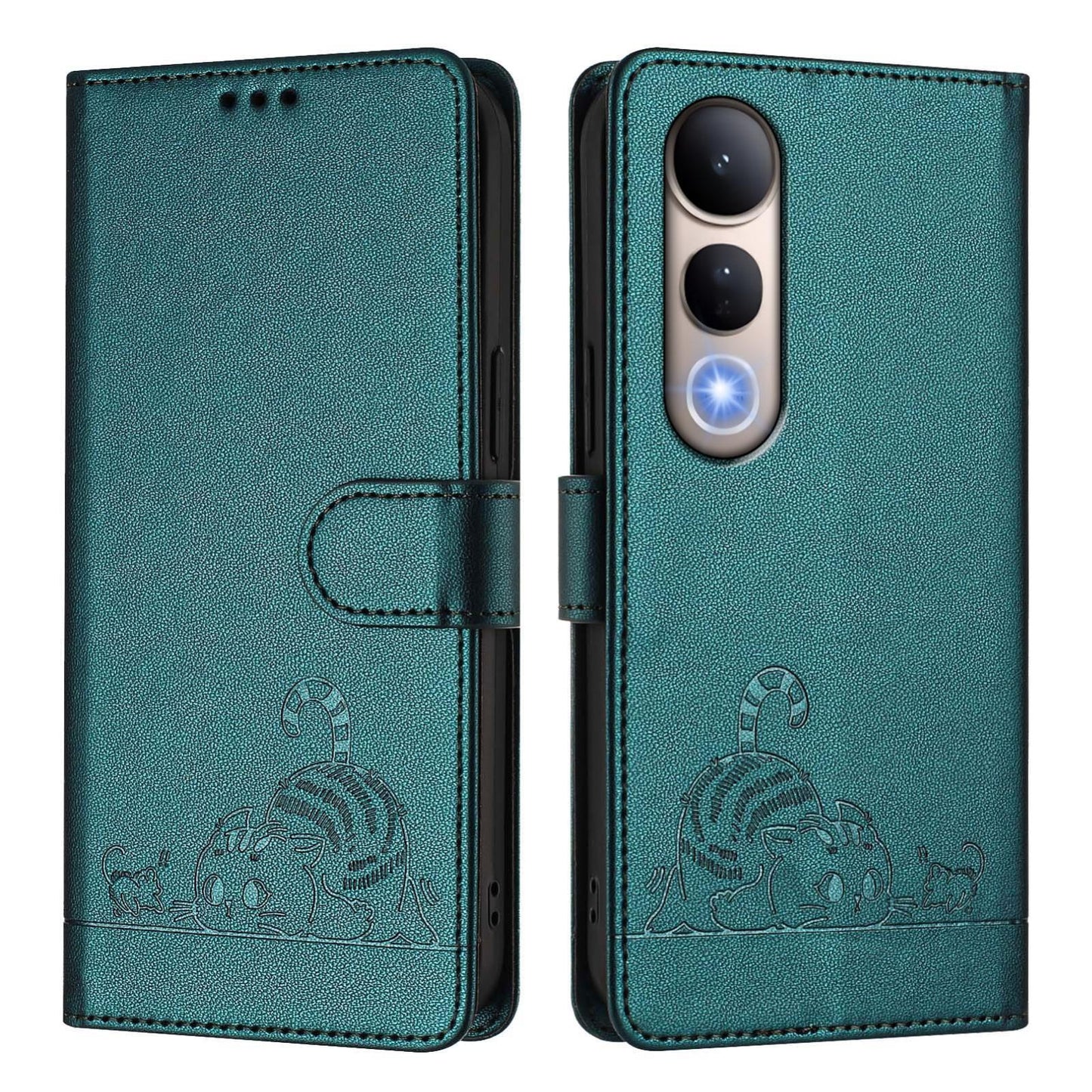 For vivo V50 Lite 5G Cat Rat Embossed Pattern RFID Leather Phone Case with Lanyard(Peacock Green)