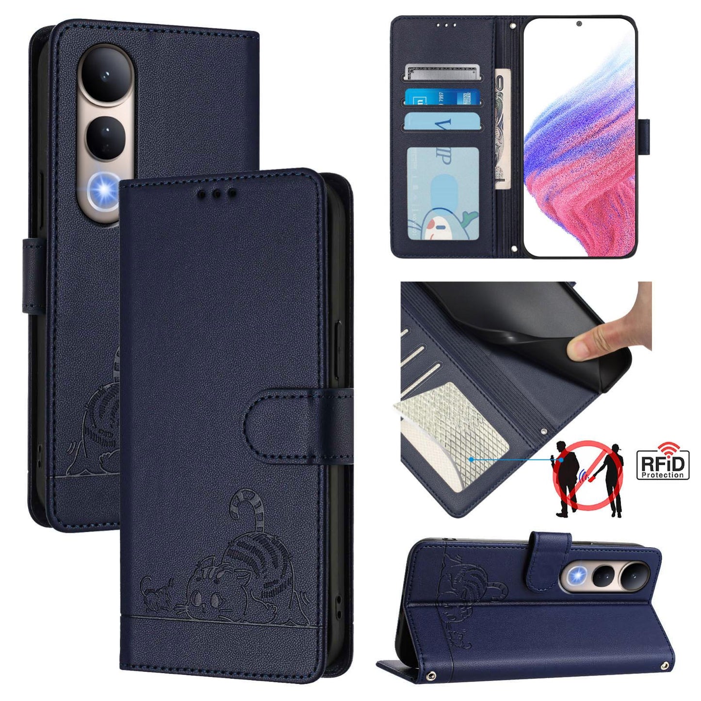 For vivo V50 Lite 5G Cat Rat Embossed Pattern RFID Leather Phone Case with Lanyard(Blue)
