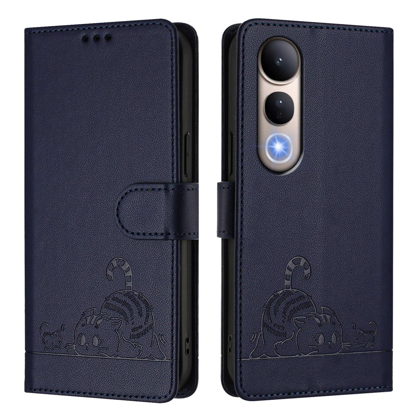 For vivo V50 Lite 5G Cat Rat Embossed Pattern RFID Leather Phone Case with Lanyard(Blue)
