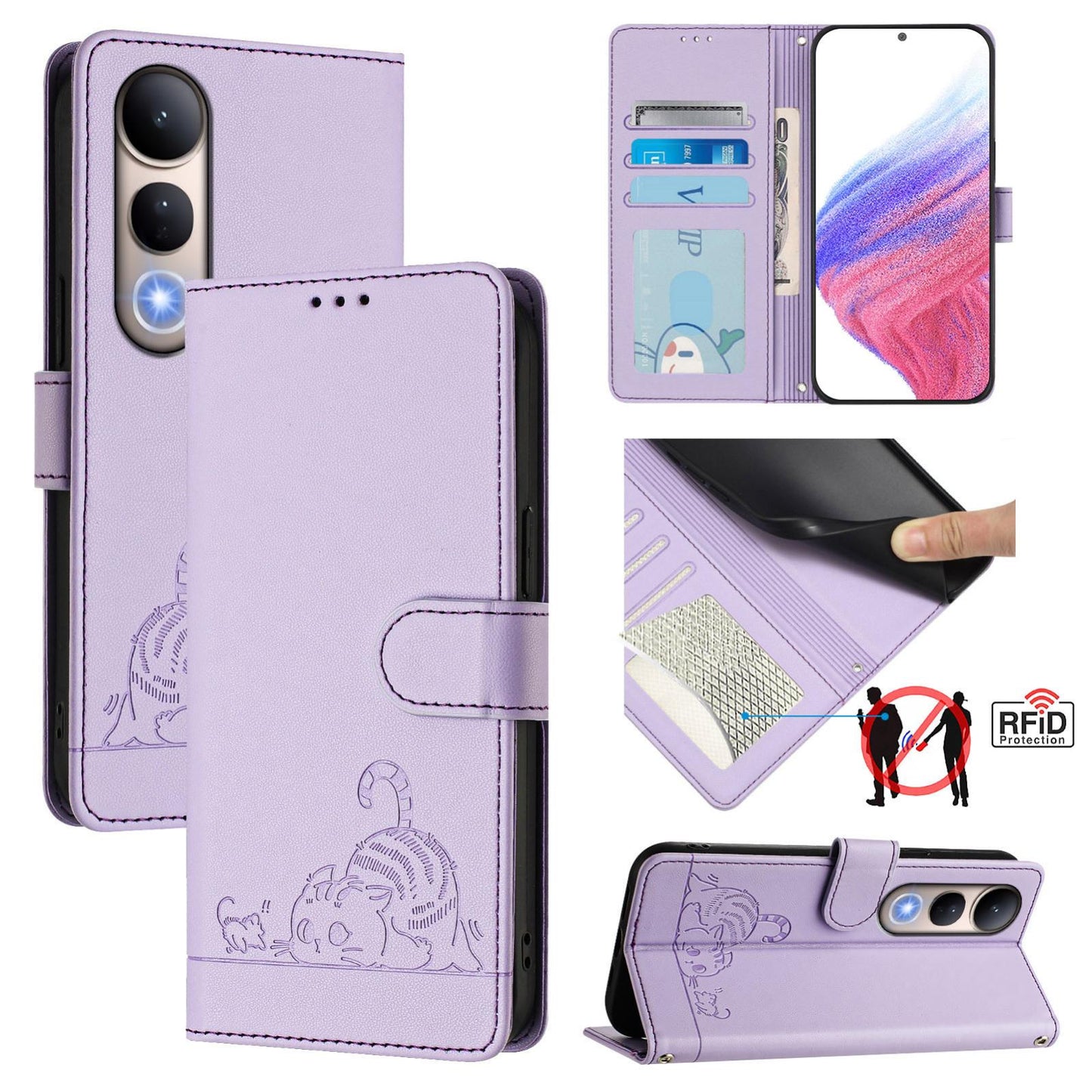 For vivo V50 Lite 5G Cat Rat Embossed Pattern RFID Leather Phone Case with Lanyard(Purple)
