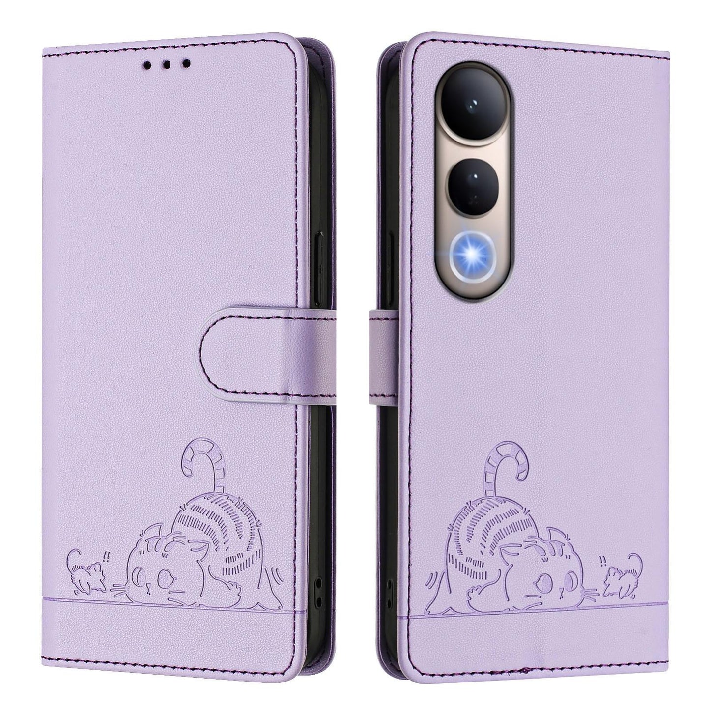 For vivo V50 Lite 5G Cat Rat Embossed Pattern RFID Leather Phone Case with Lanyard(Purple)