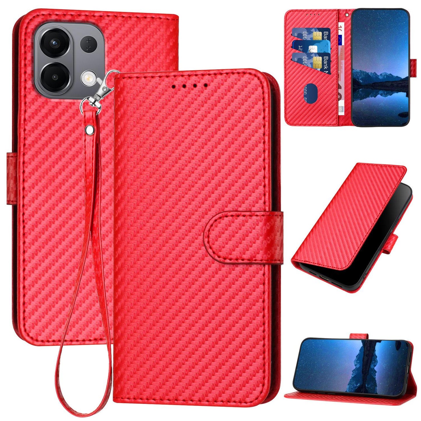 For OPPO K13 5G YX0070 Carbon Fiber Buckle Leather Phone Case with Lanyard(Red)