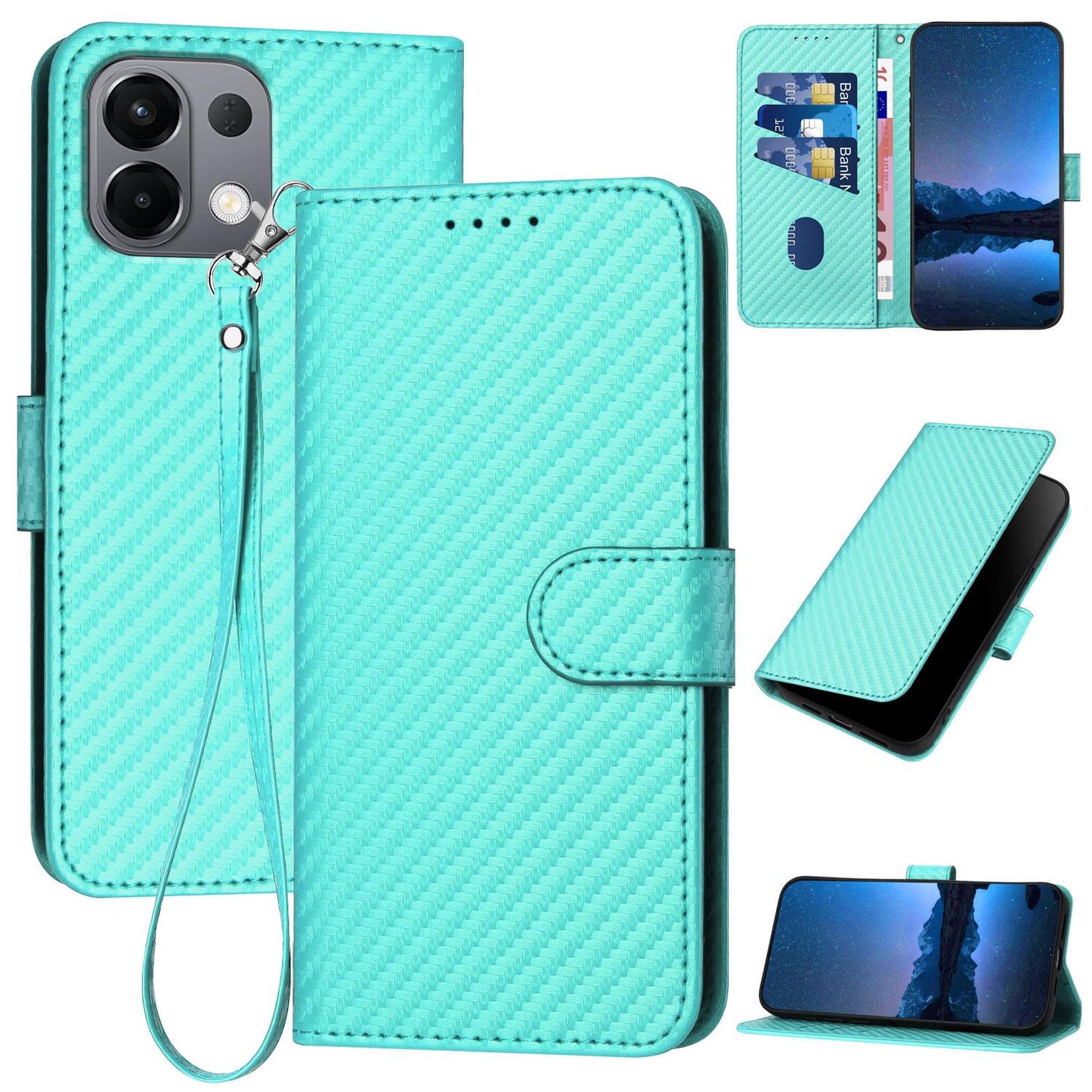 For OPPO K13 5G YX0070 Carbon Fiber Buckle Leather Phone Case with Lanyard(Light Blue)