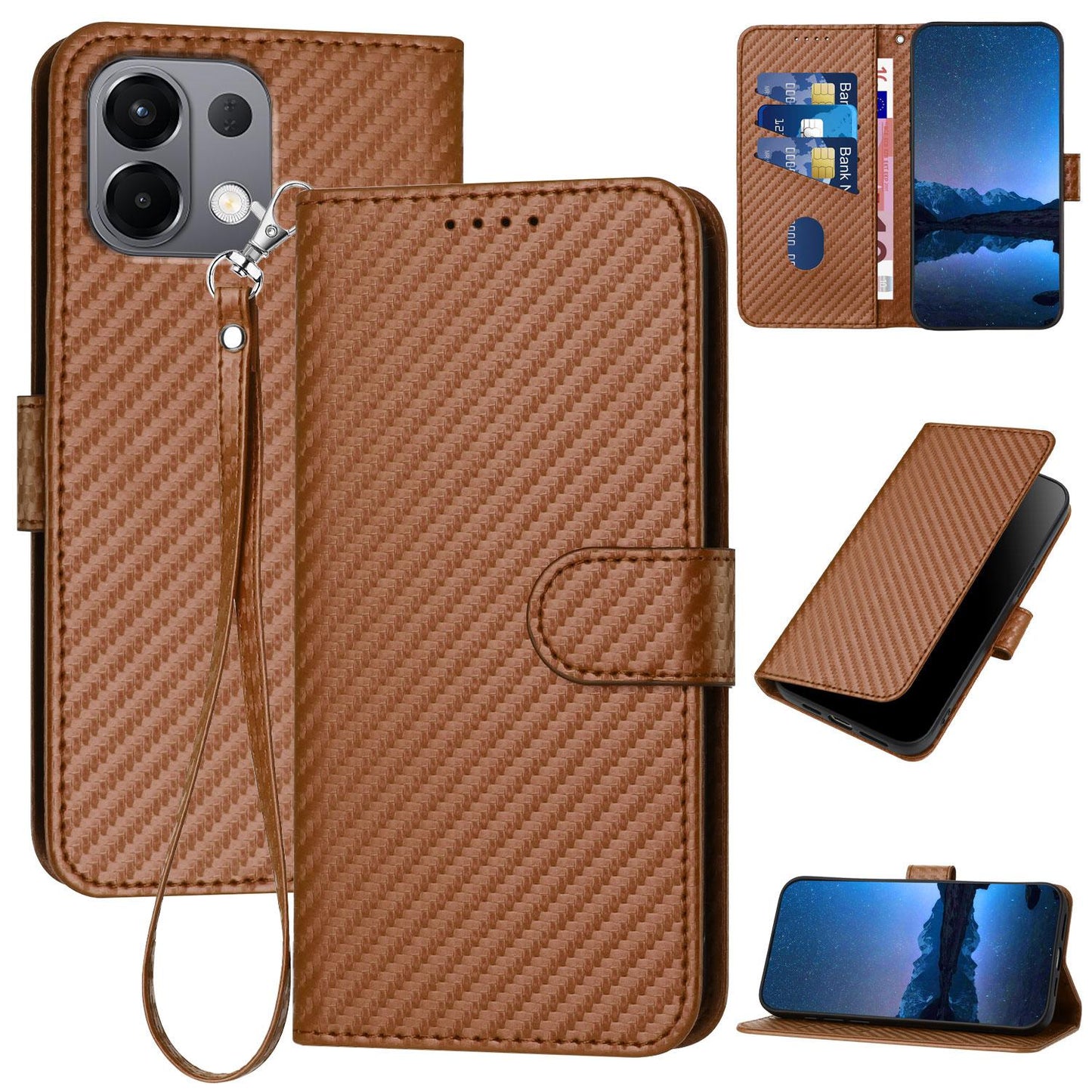 For OPPO K13 5G YX0070 Carbon Fiber Buckle Leather Phone Case with Lanyard(Coffee)
