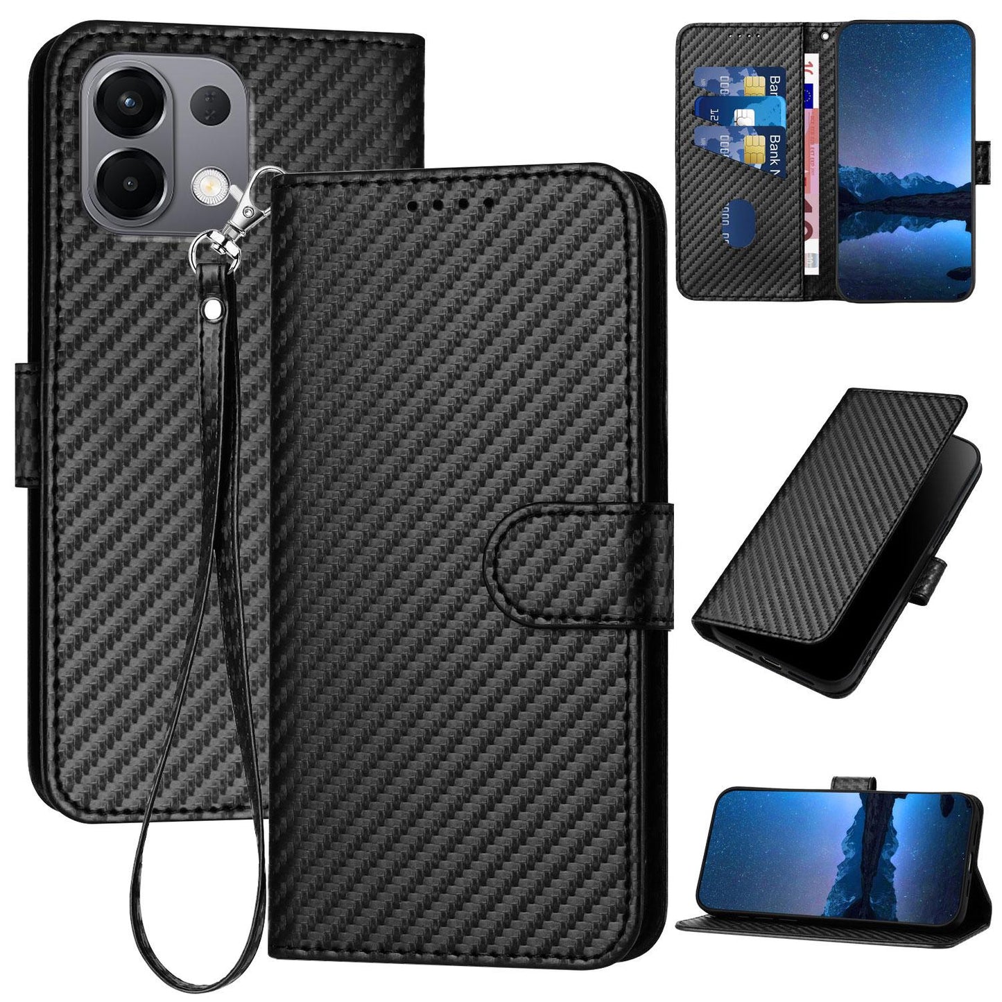 For OPPO K13 5G YX0070 Carbon Fiber Buckle Leather Phone Case with Lanyard(Black)