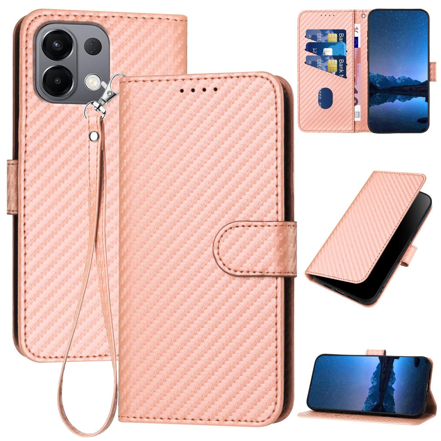 For OPPO K13 5G YX0070 Carbon Fiber Buckle Leather Phone Case with Lanyard(Pink)