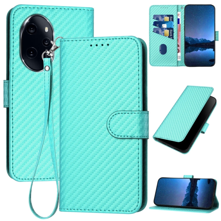 For Honor 100 Pro YX0070 Carbon Fiber Buckle Leather Phone Case with Lanyard(Light Blue)
