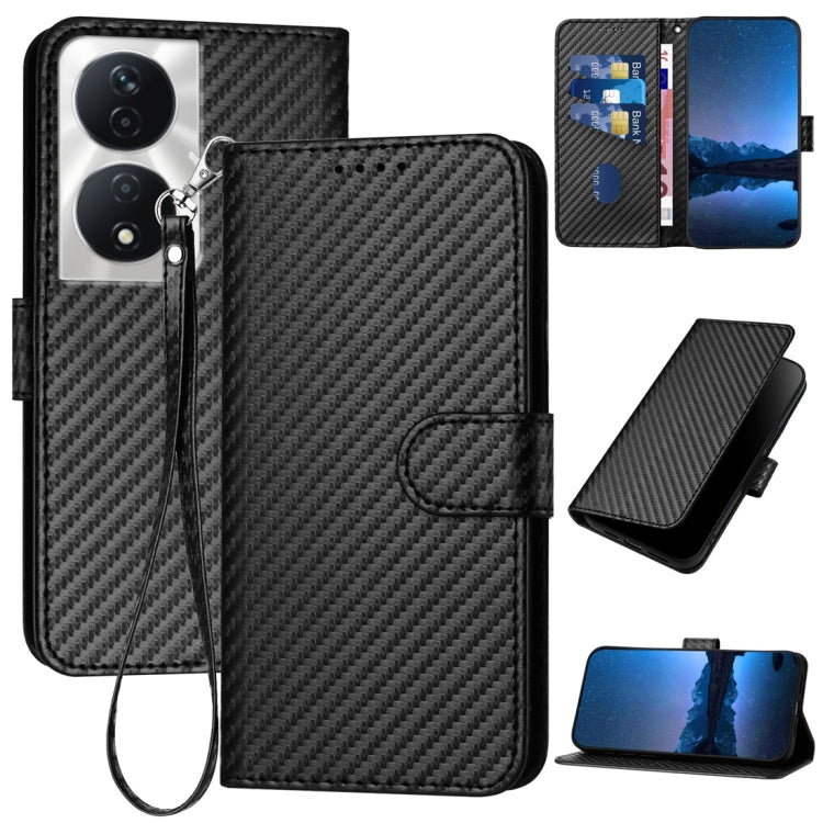 For Honor X7b 5G YX0070 Carbon Fiber Buckle Leather Phone Case with Lanyard(Black)